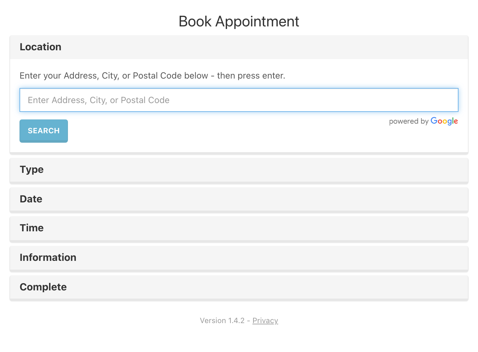 The full appointment booking flow showing the accordion panels