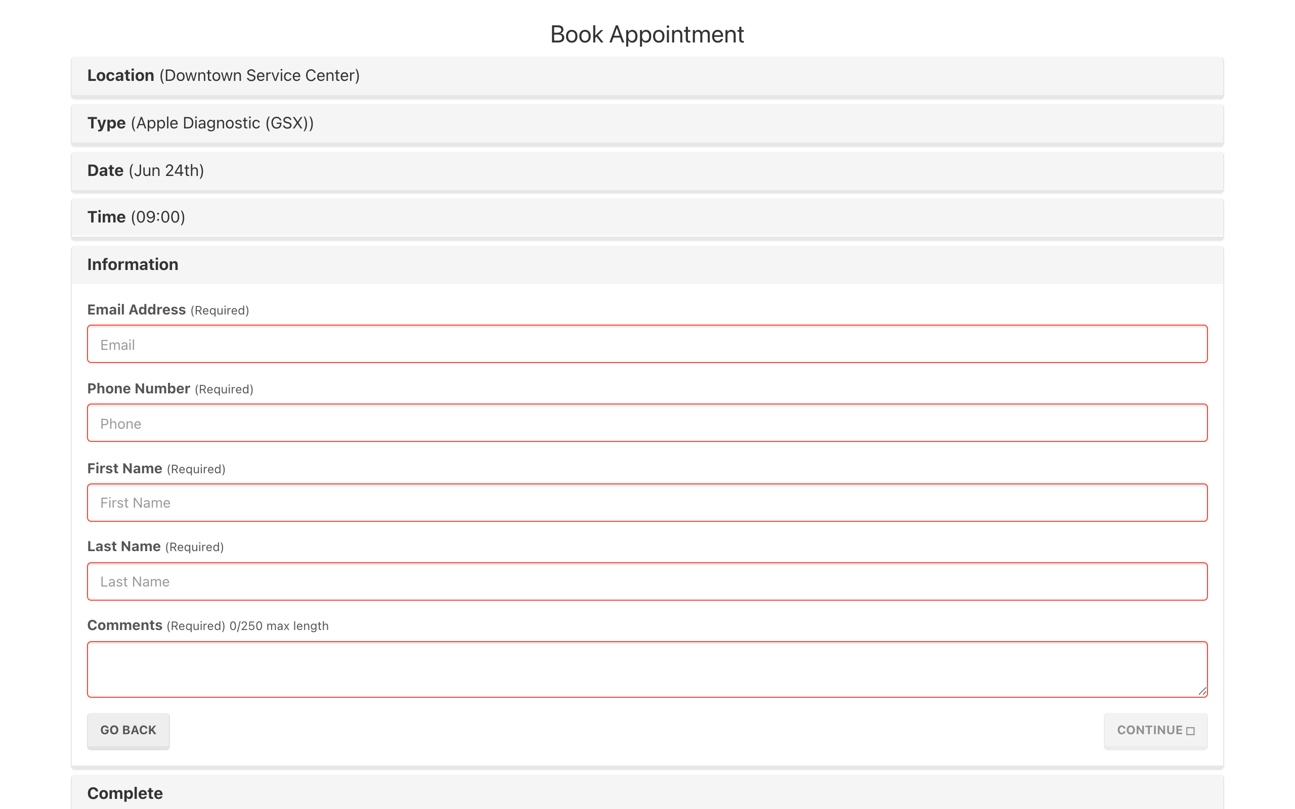 Booking flow showing a GSX appointment type with the required comments field