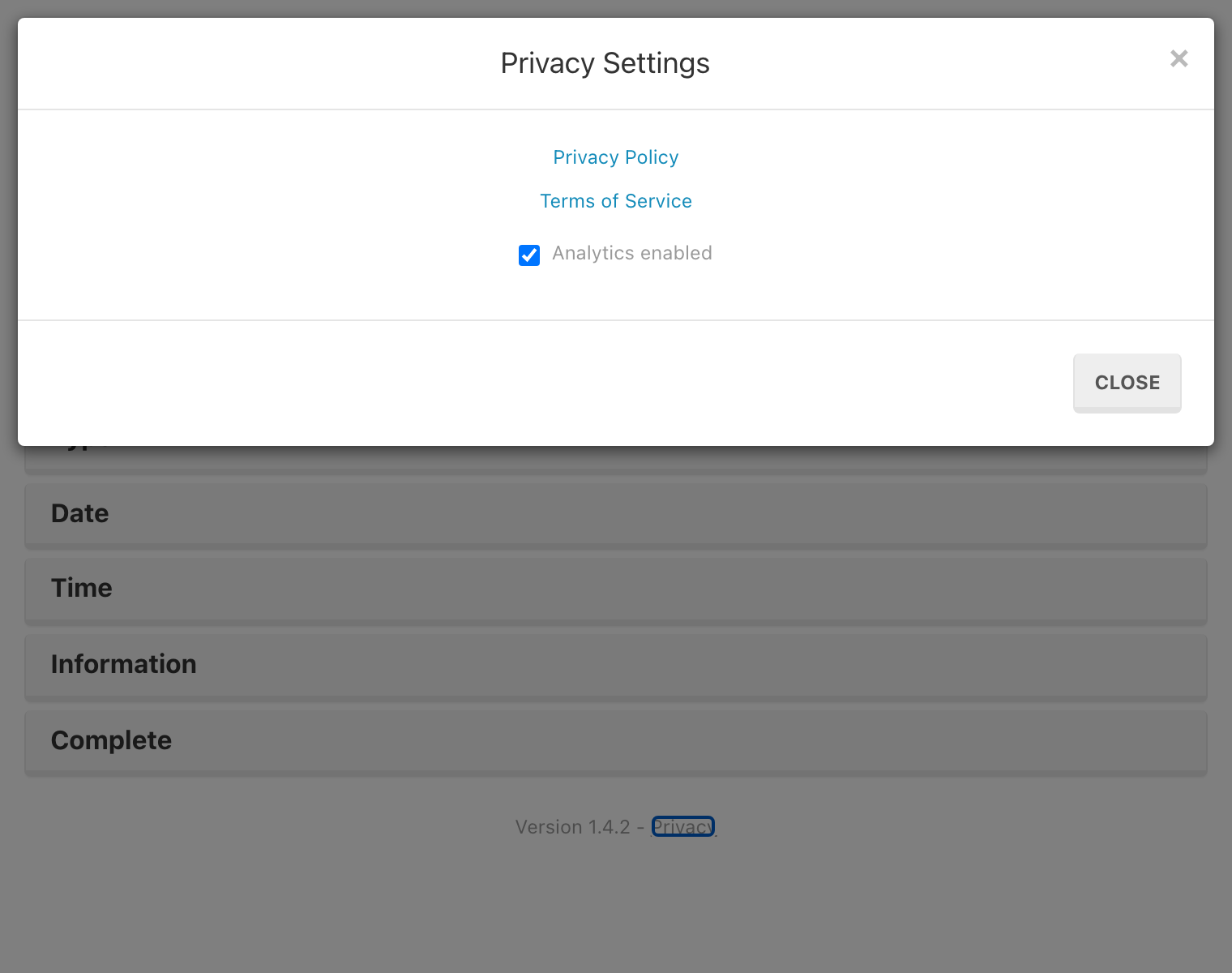 Privacy Settings modal showing the Privacy Policy link, Terms of Service link, and analytics toggle