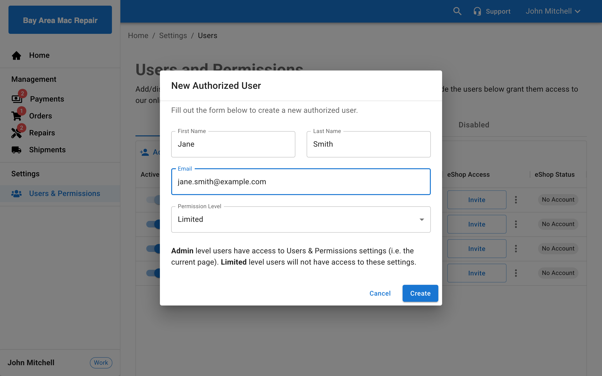 Add User modal with the form fields filled in