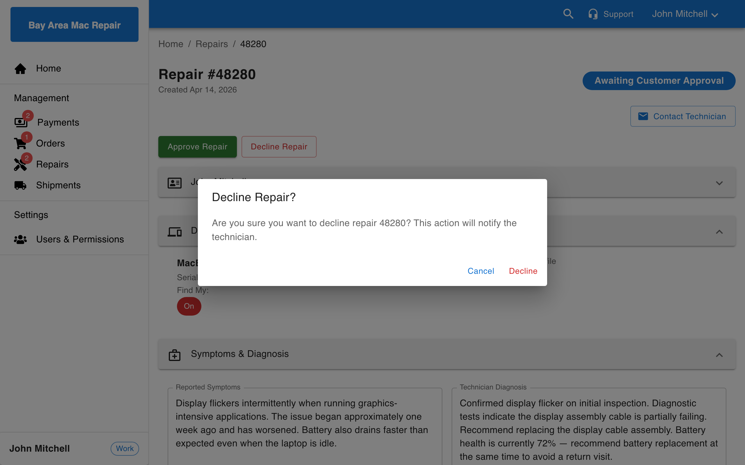 Decline confirmation dialog