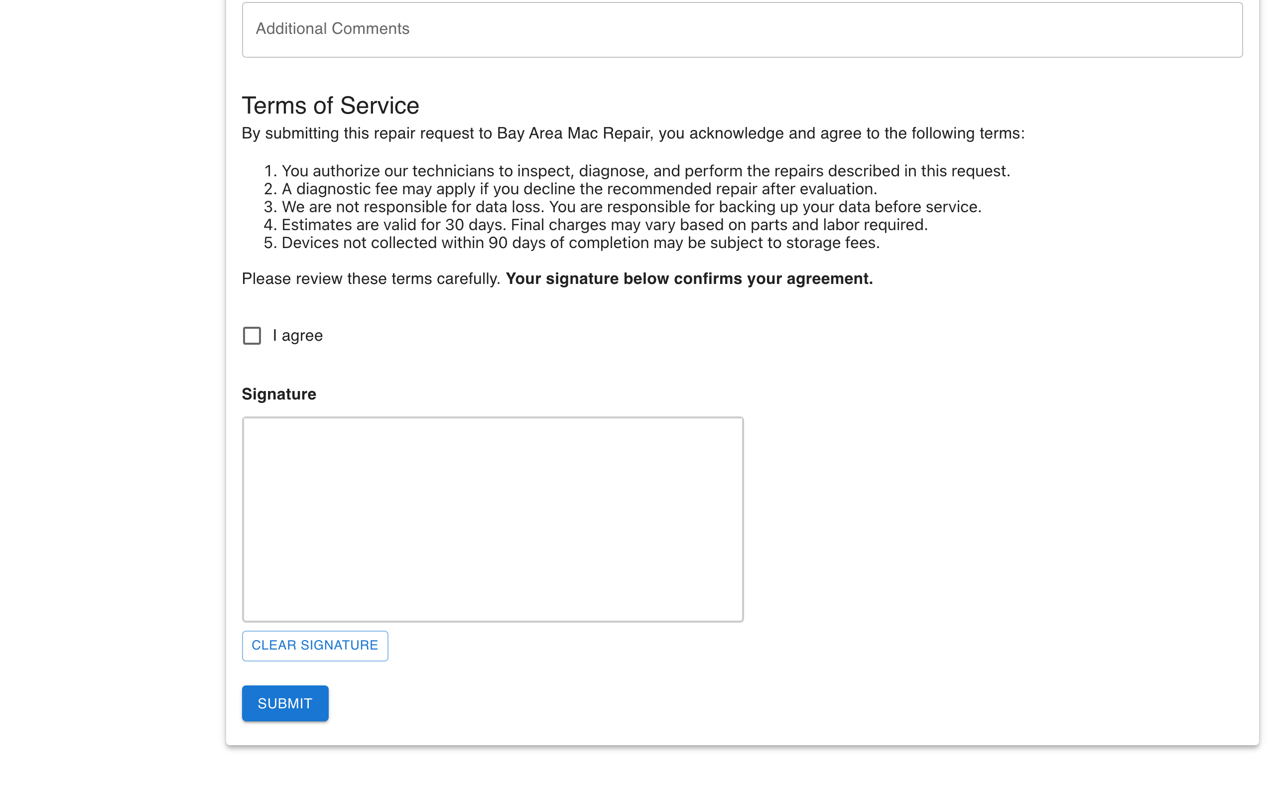 Customer Portal terms step showing the signature pad and "I agree" checkbox