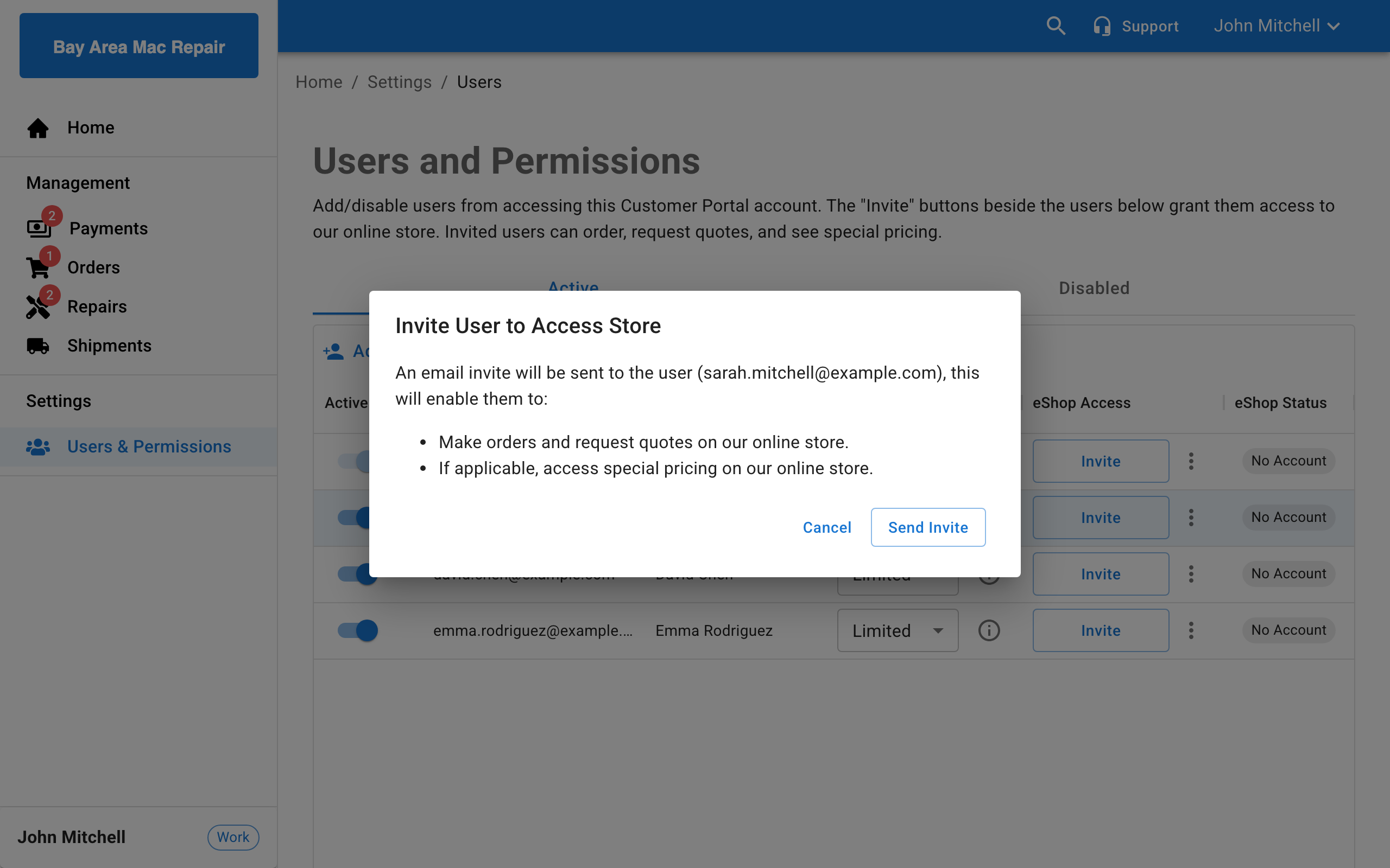 Invite User dialog showing the confirmation message