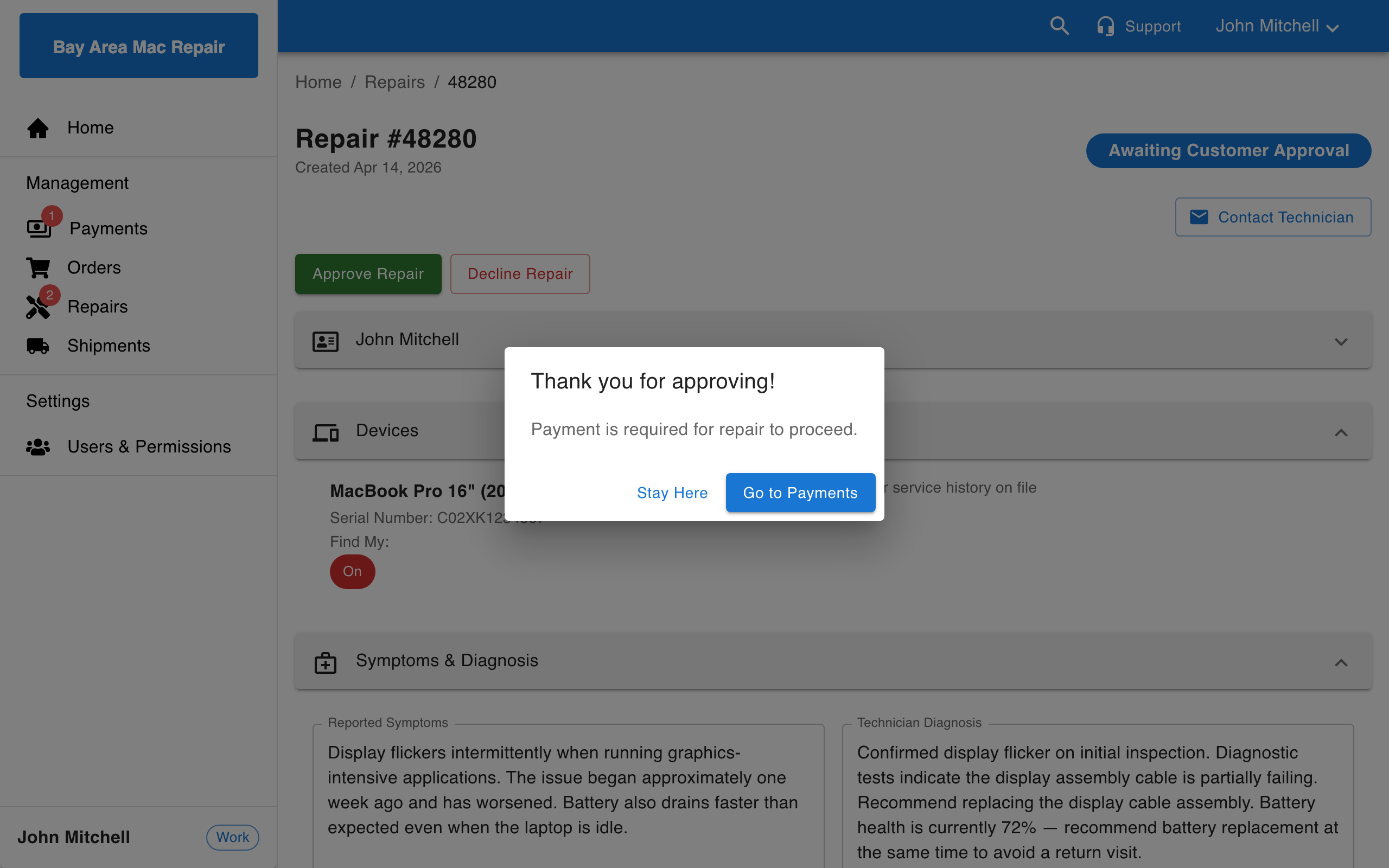 Post-approval payment dialog