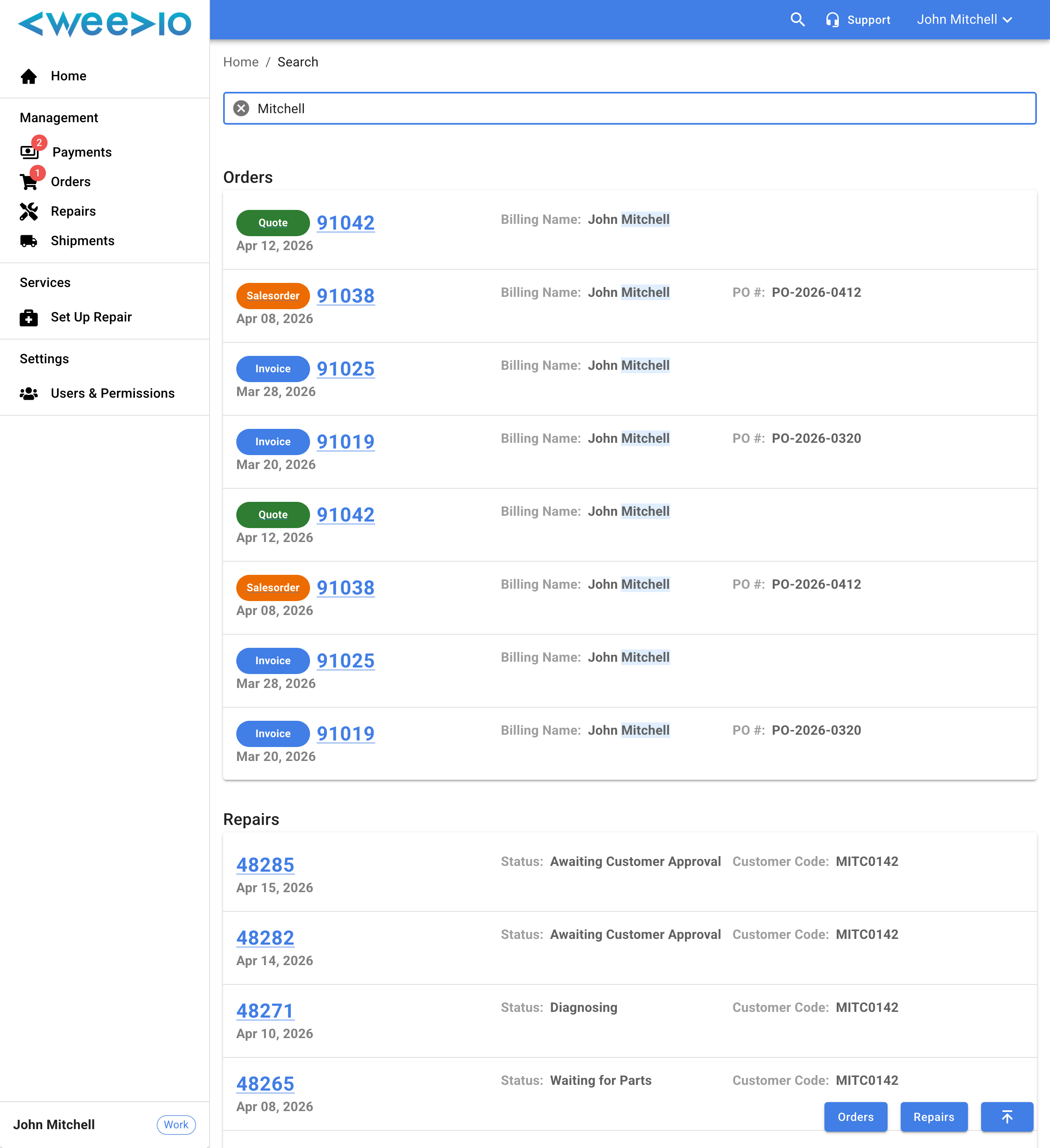 Universal Search results page showing order and repair results with highlighted search terms