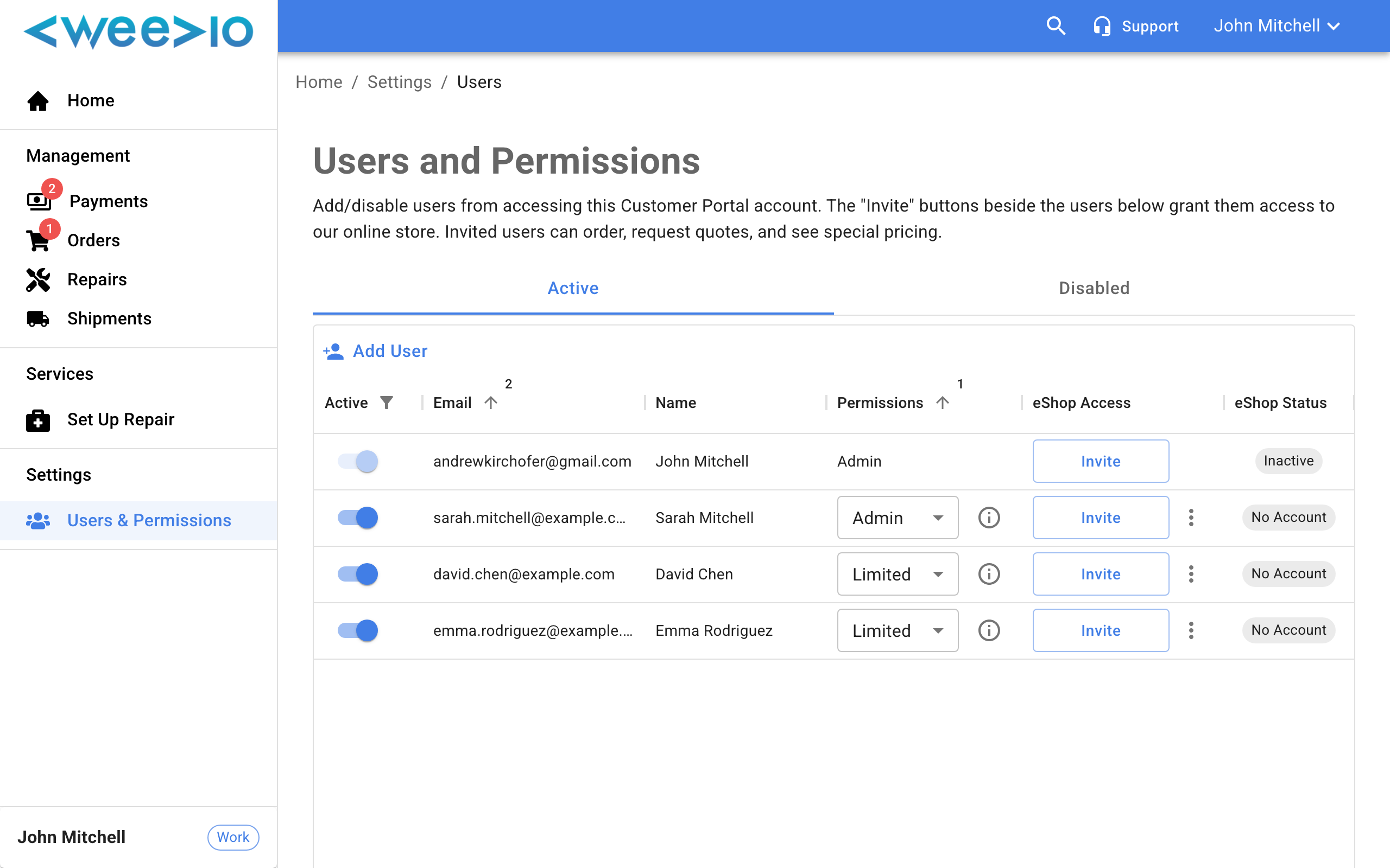 Users and Permissions page showing the data table with Active tab selected