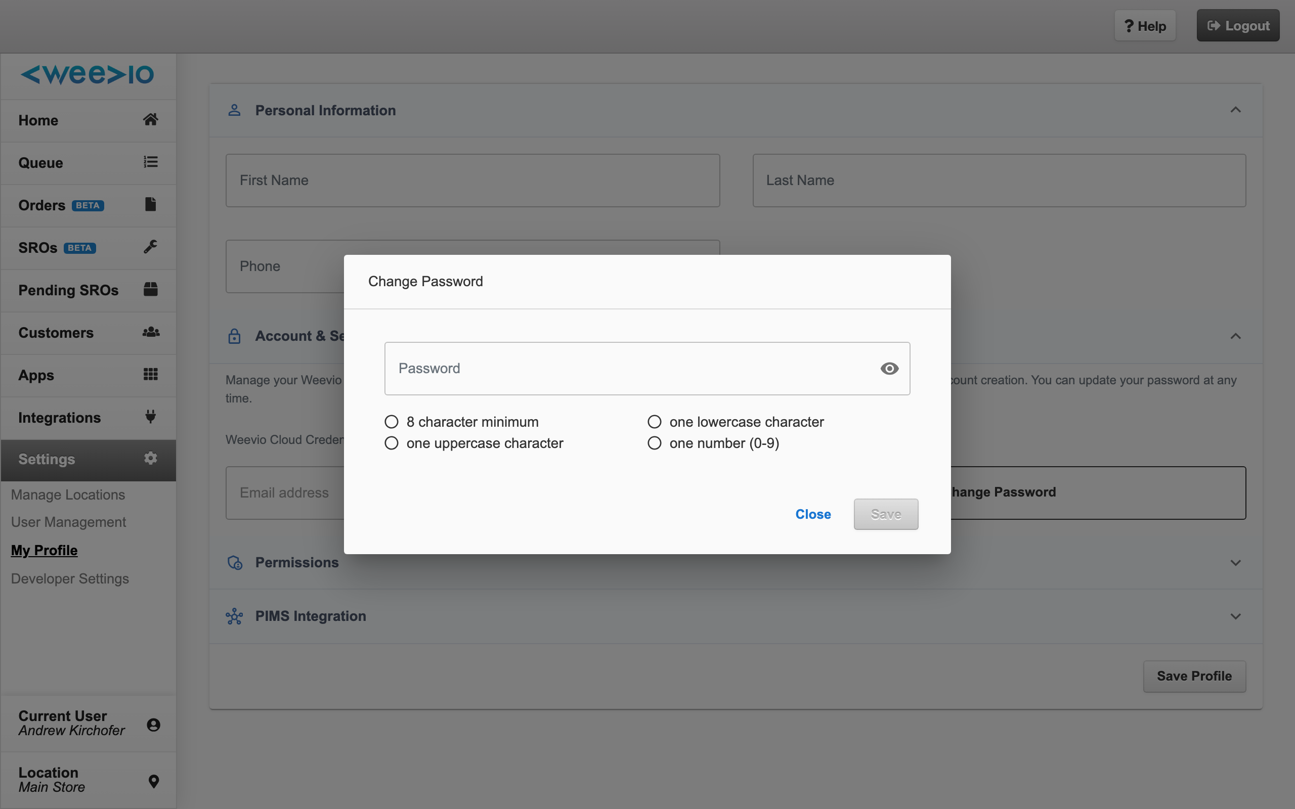 Change Password modal with the password rule checklist