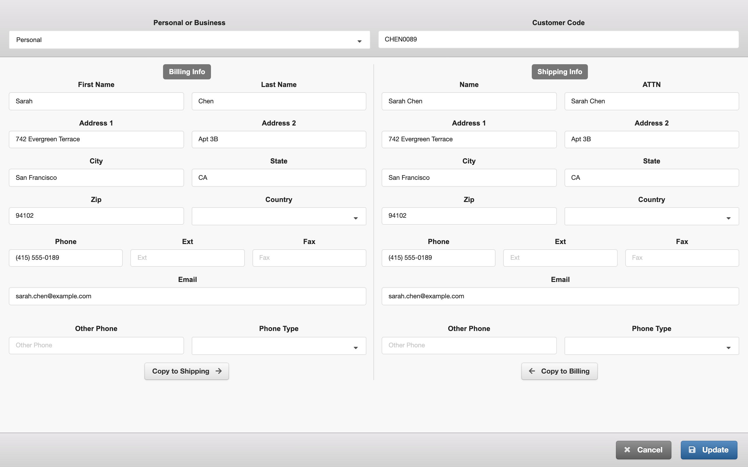 Customer detail view showing contact form with billing and shipping fields