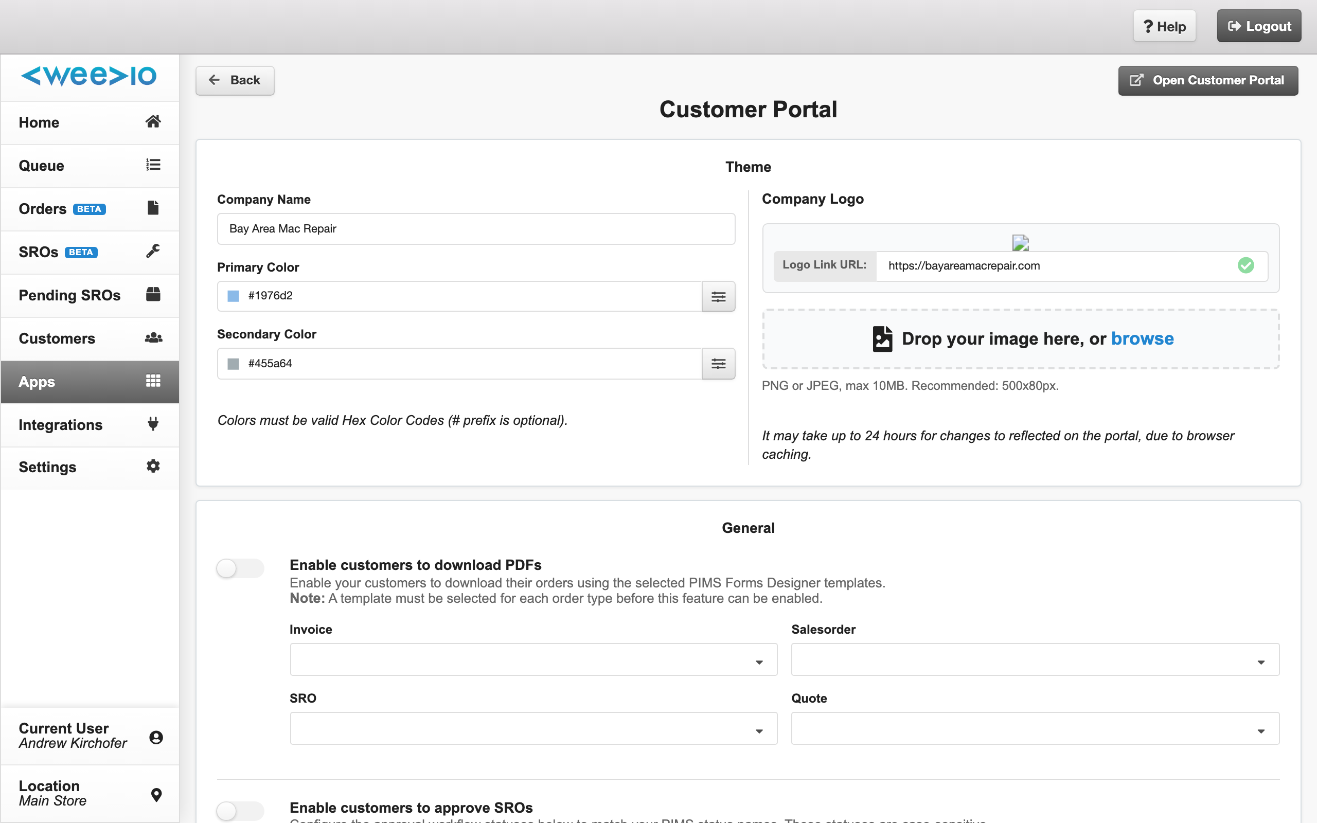 Company Settings page showing the logo upload area with preview