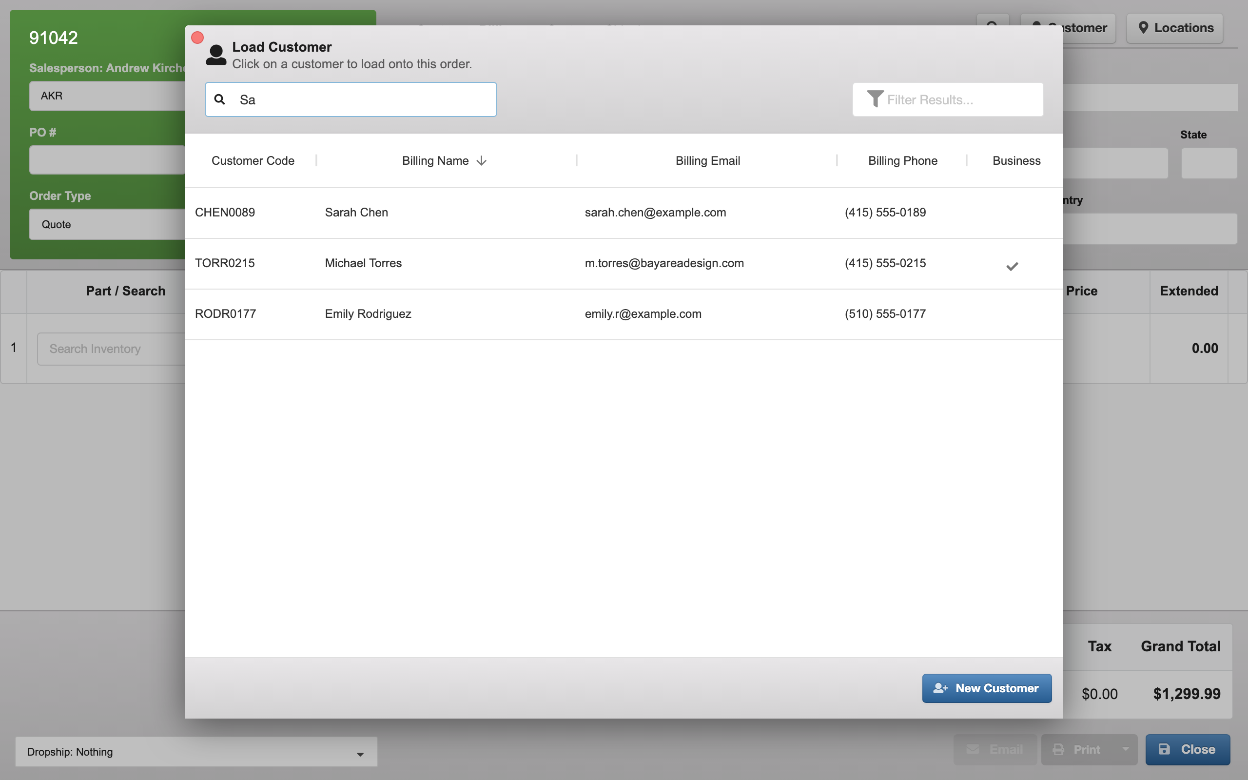 Customer search modal overlay
