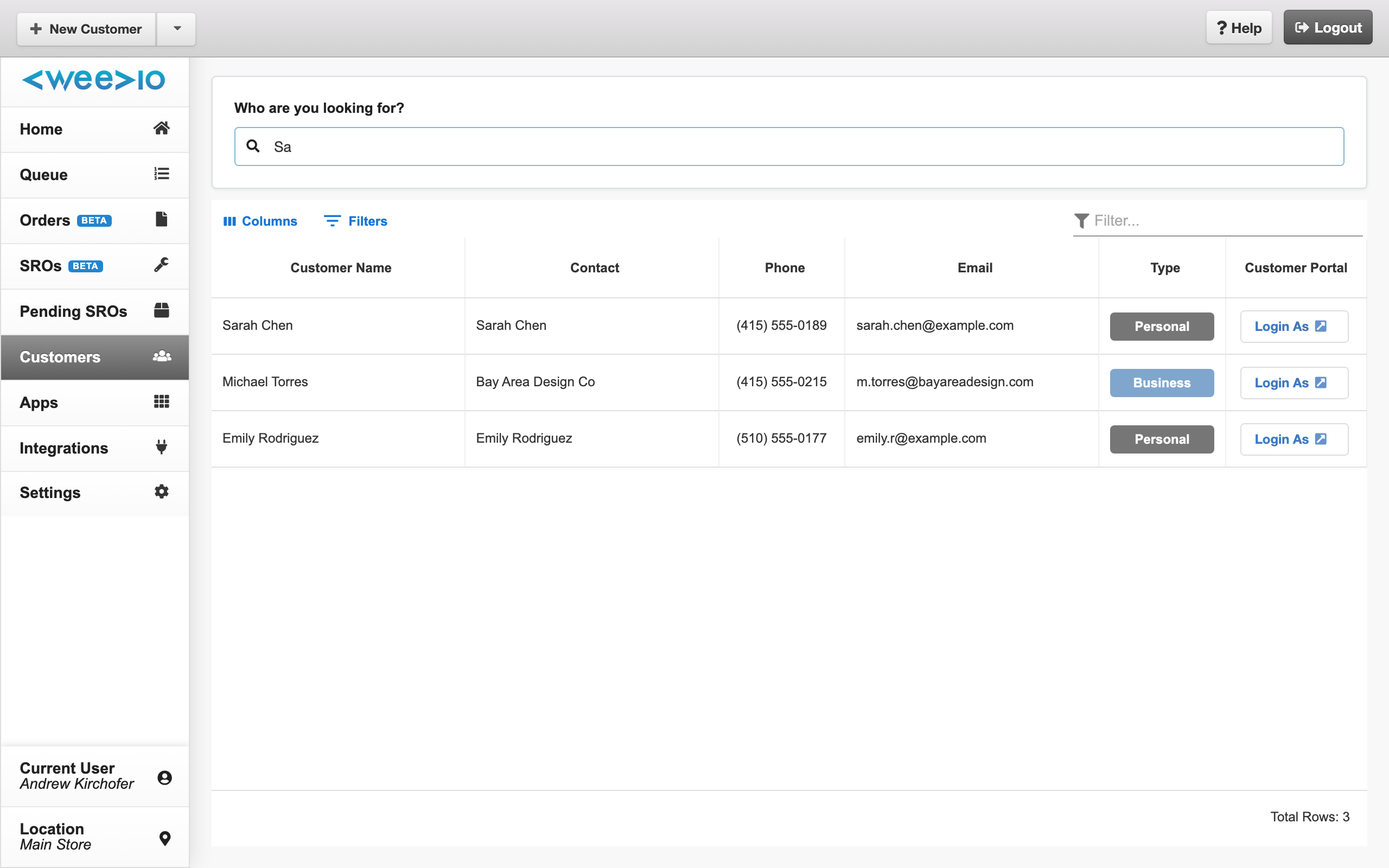 Customer table view with search bar and customer results