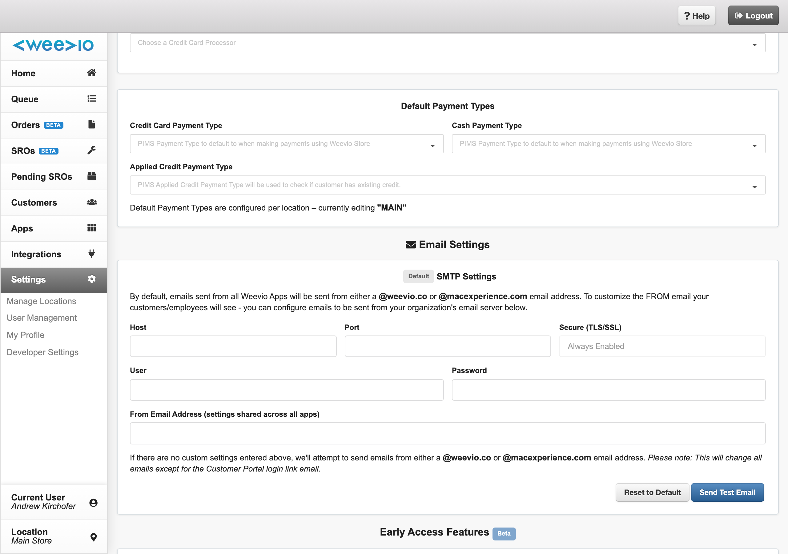 Expanded Email Settings panel with all six fields