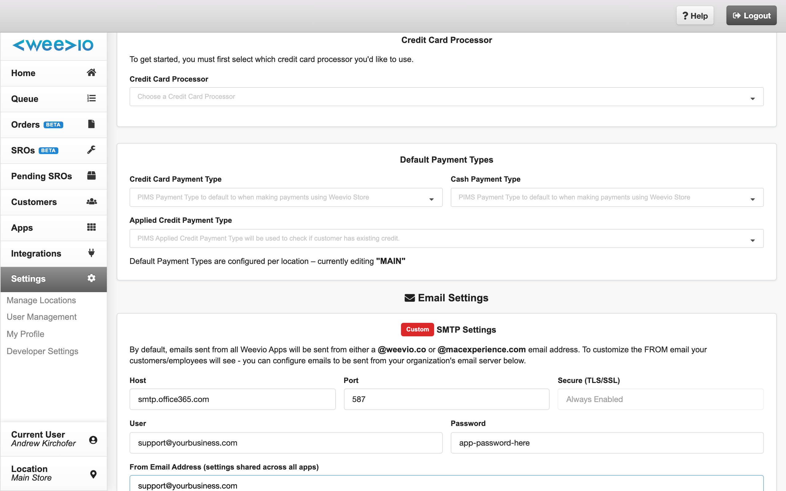 Email Settings filled in with smtp.office365.com / port 587