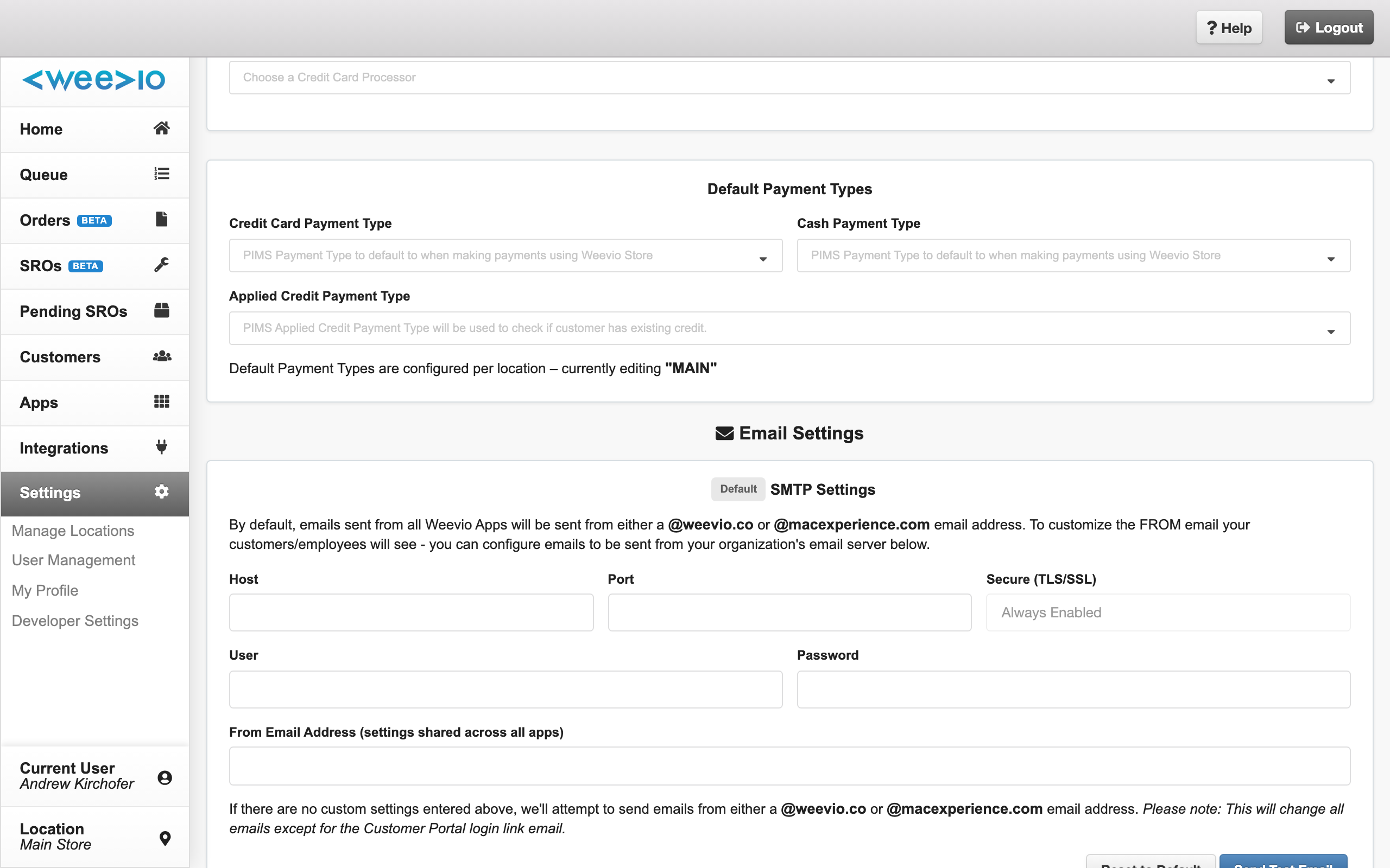 Email Settings panel inside General Settings, showing the Default/Custom badge