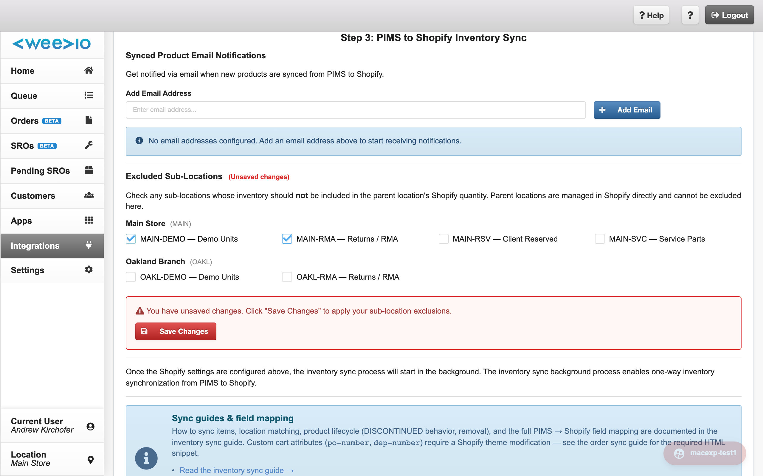 the populated Excluded Sub-Locations panel showing the parent → sub-location grouping with a couple of checked boxes, the red "(Unsaved changes)" indicator, and the red Save Changes button.