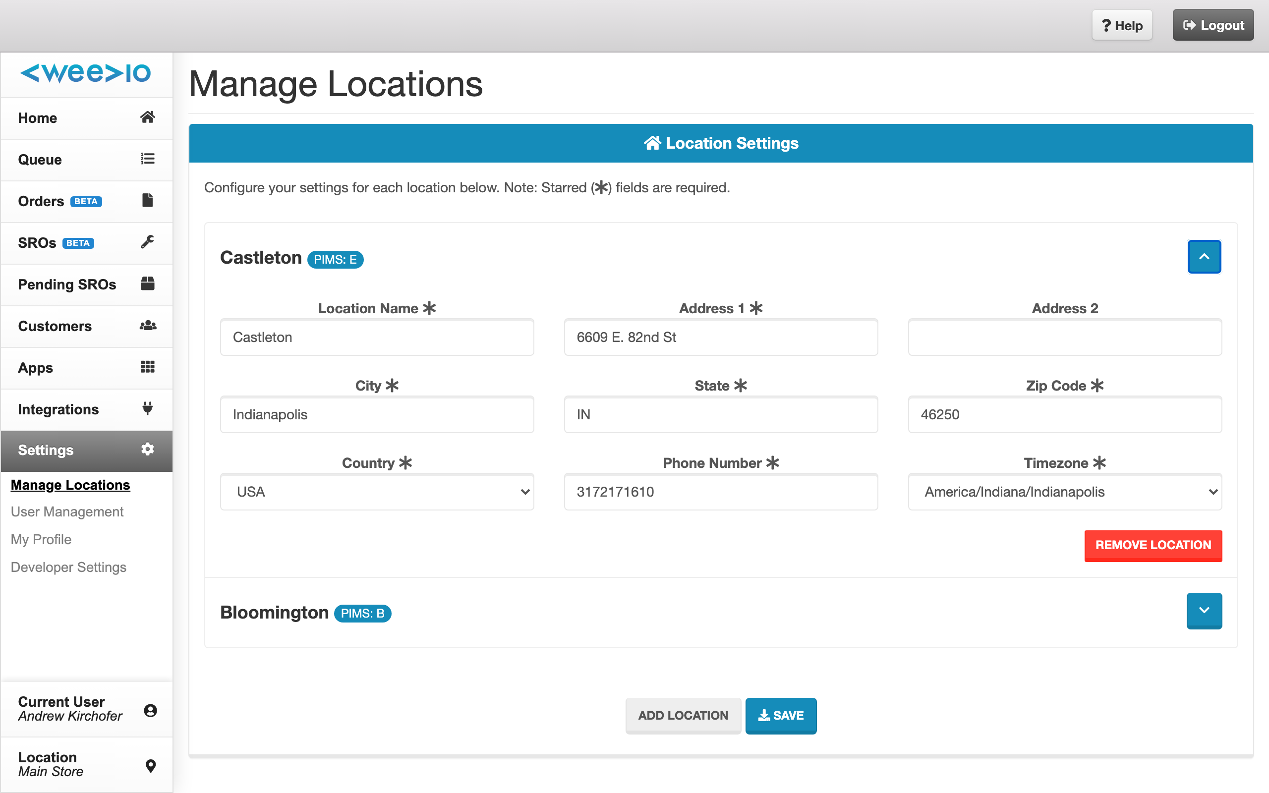 Expanded location card showing all fields
