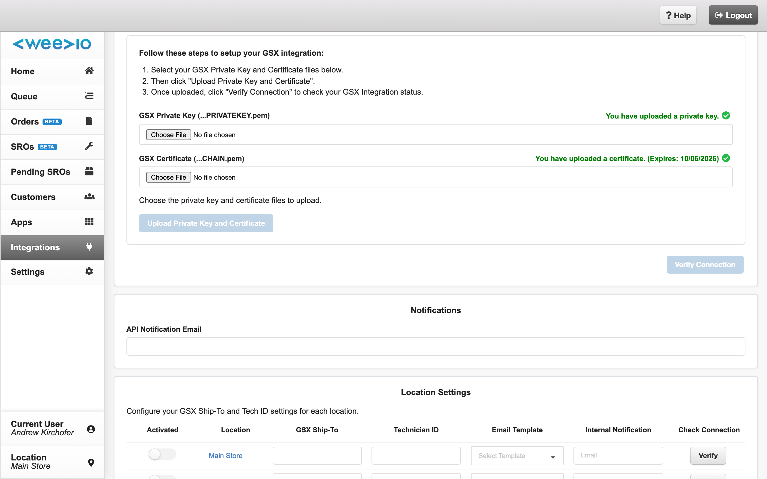 GSX Integration page in Weevio Cloud showing the Authentication section with file upload controls and current certificate status