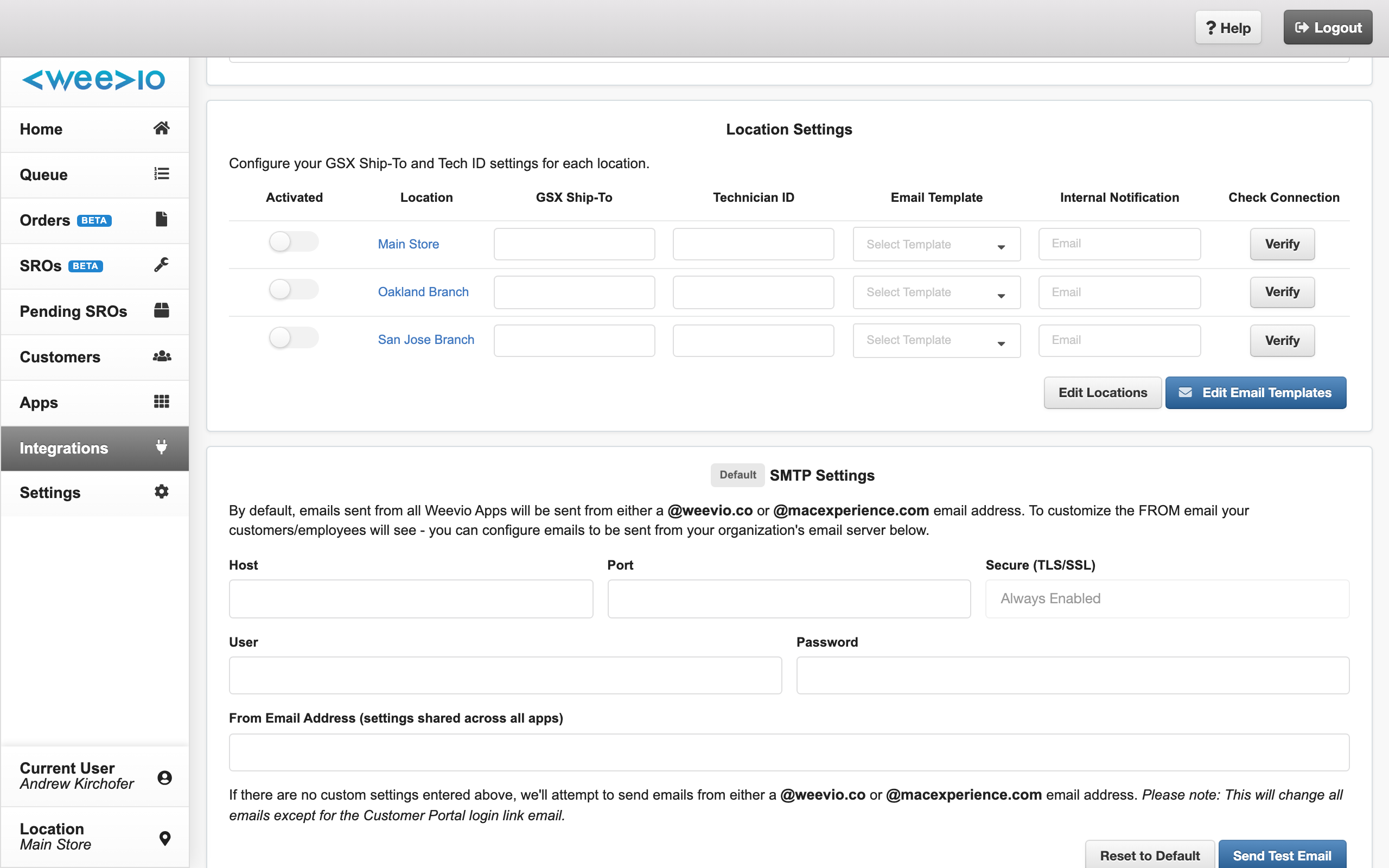 Location Settings table showing the Activated toggle, Ship-To, Tech ID, Email Template, Internal Notification, and Verify button for each row