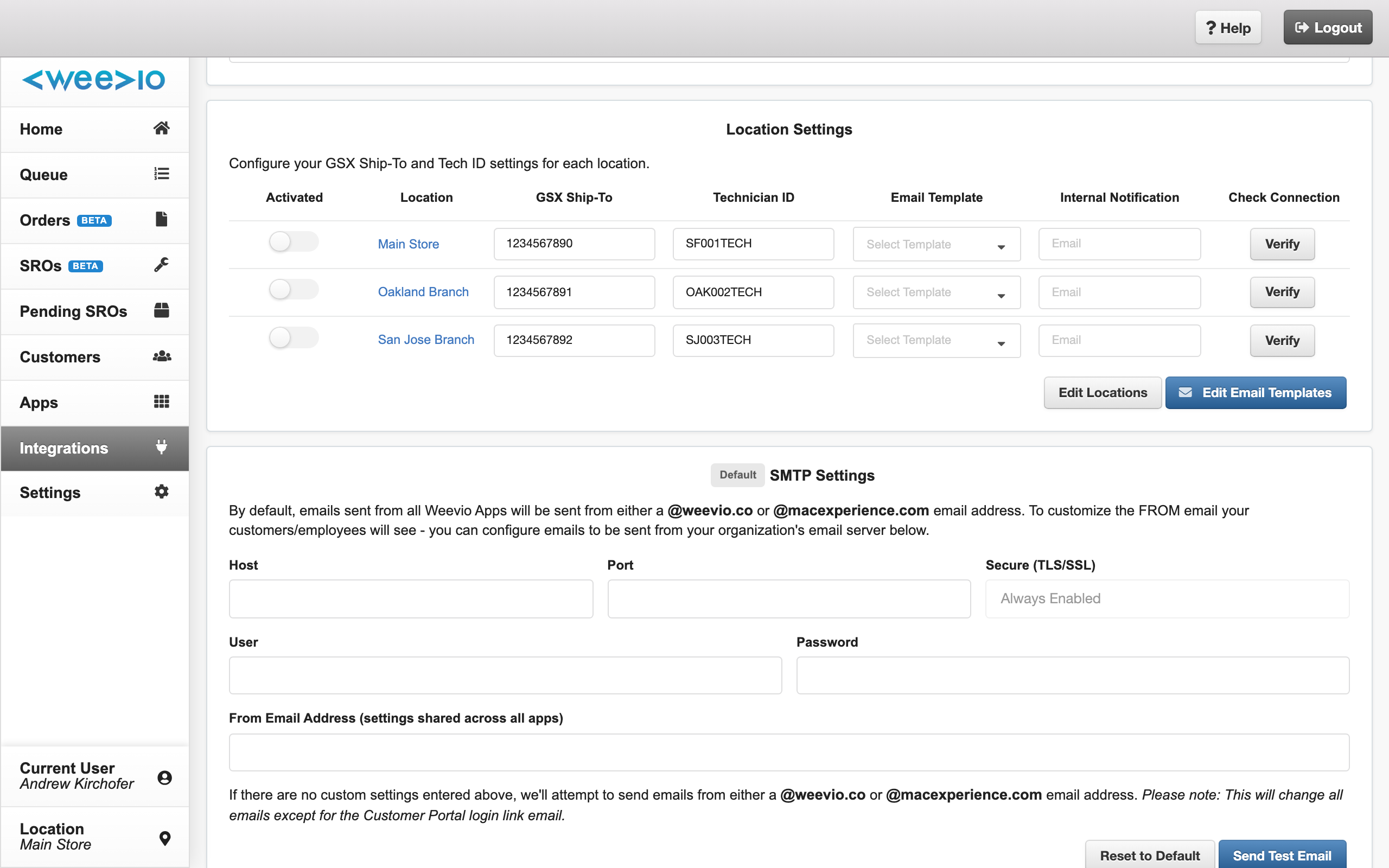 Location settings showing GSX Ship-To Code and Tech ID fields