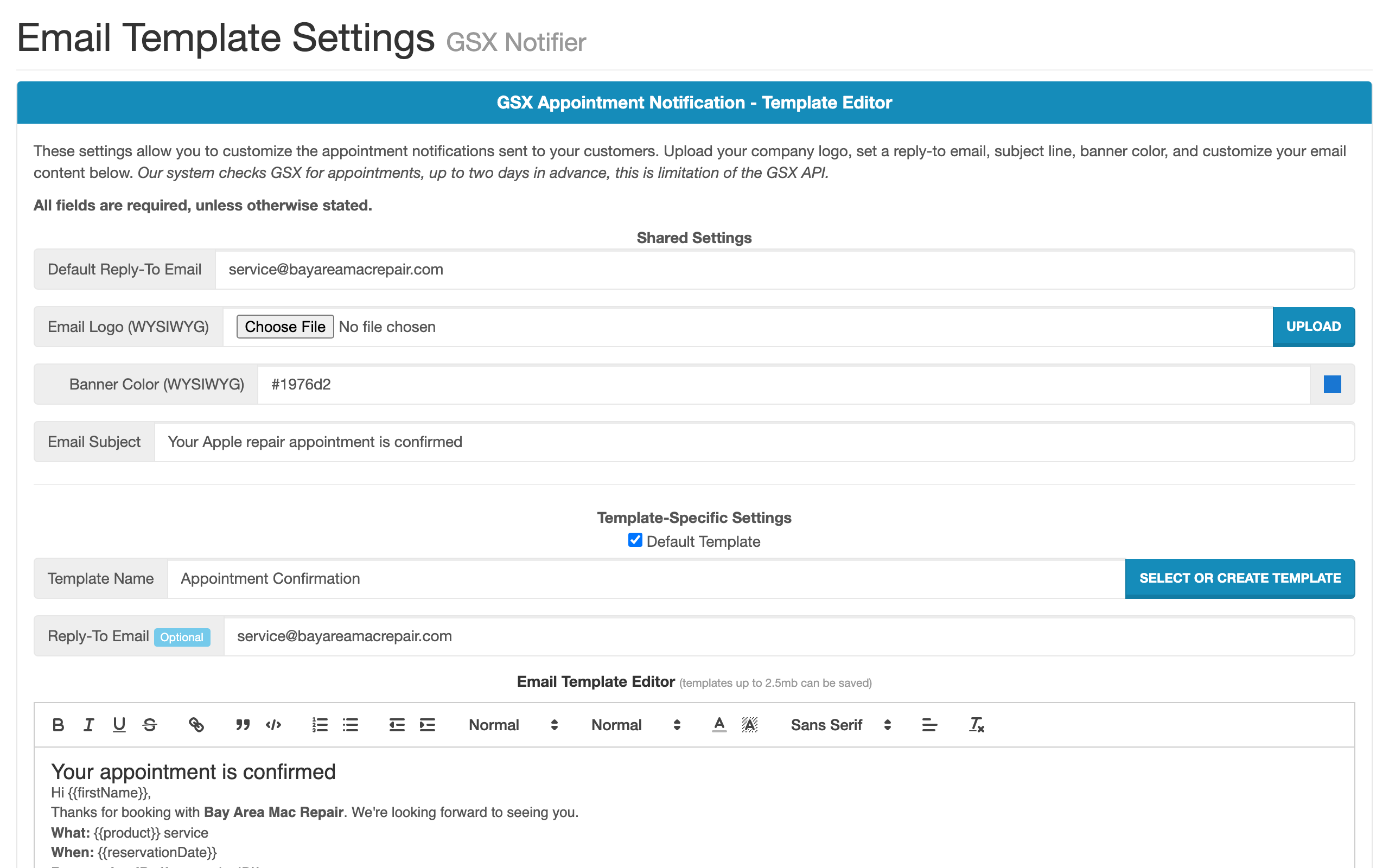 GSX Notifier email template editor with the template list on one side and the rich-text editor on the other