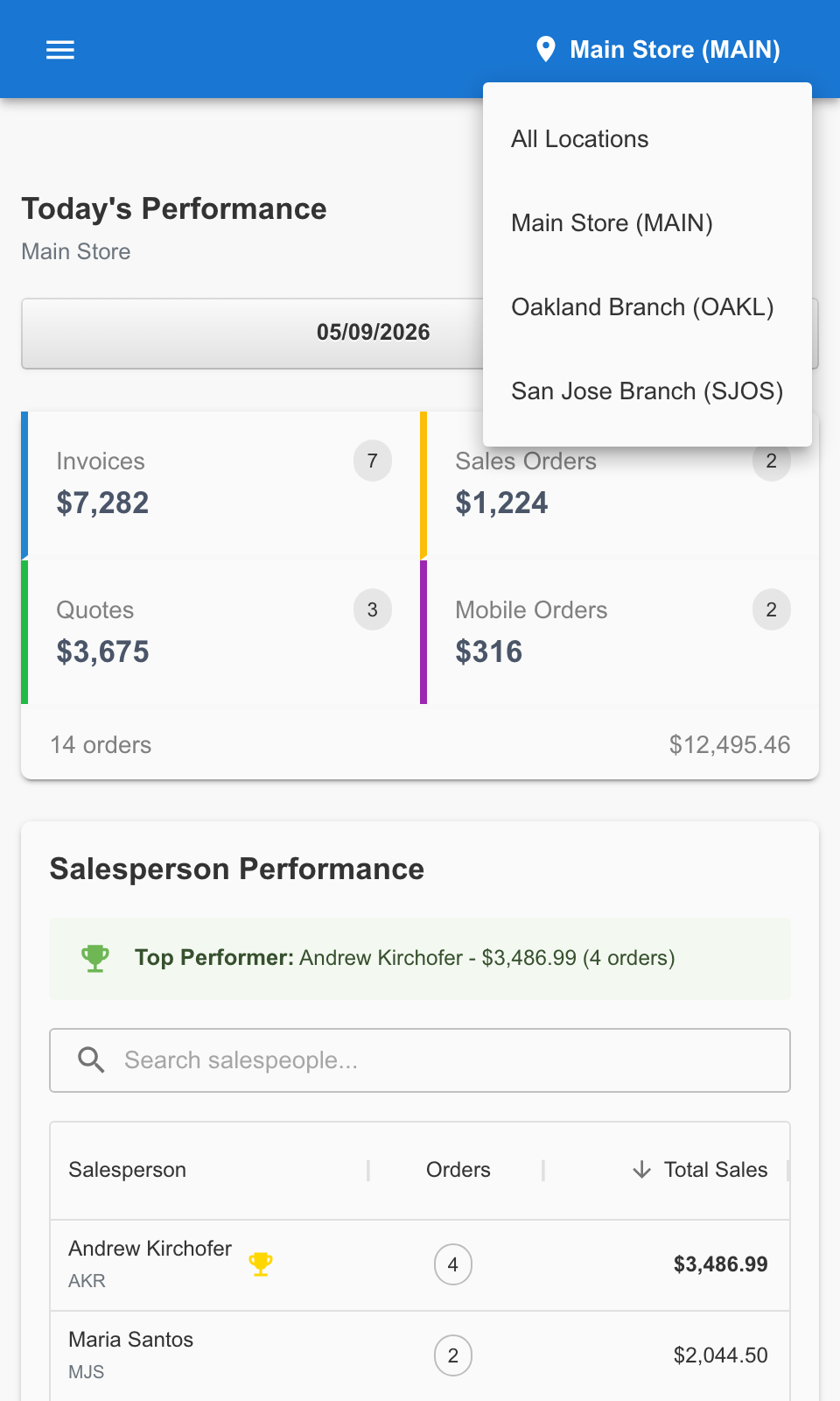 Mobile location dropdown showing All Locations plus individual store names