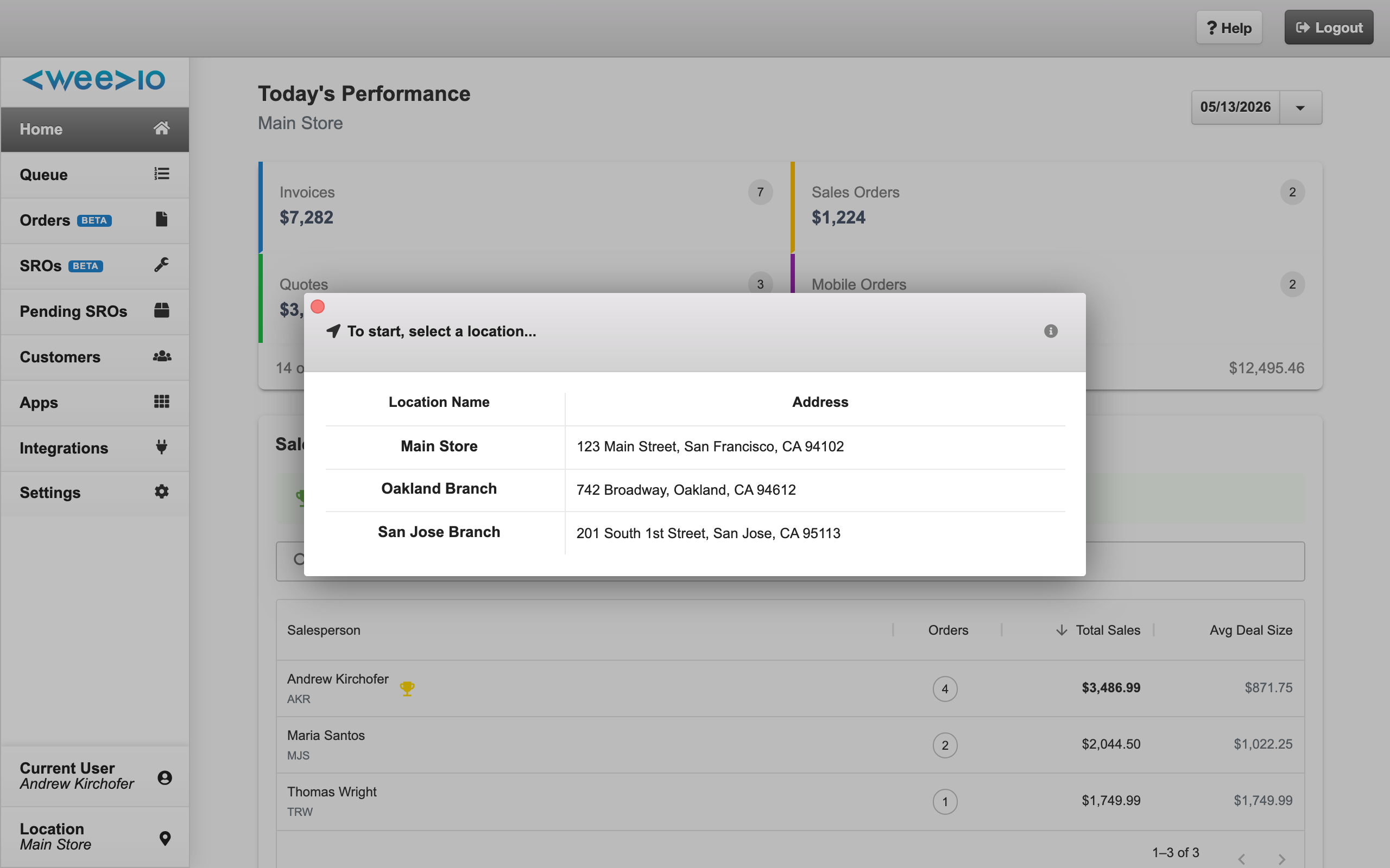 Desktop location picker open from the sidebar, listing Main Store, Oakland Branch, and San Jose Branch with addresses
