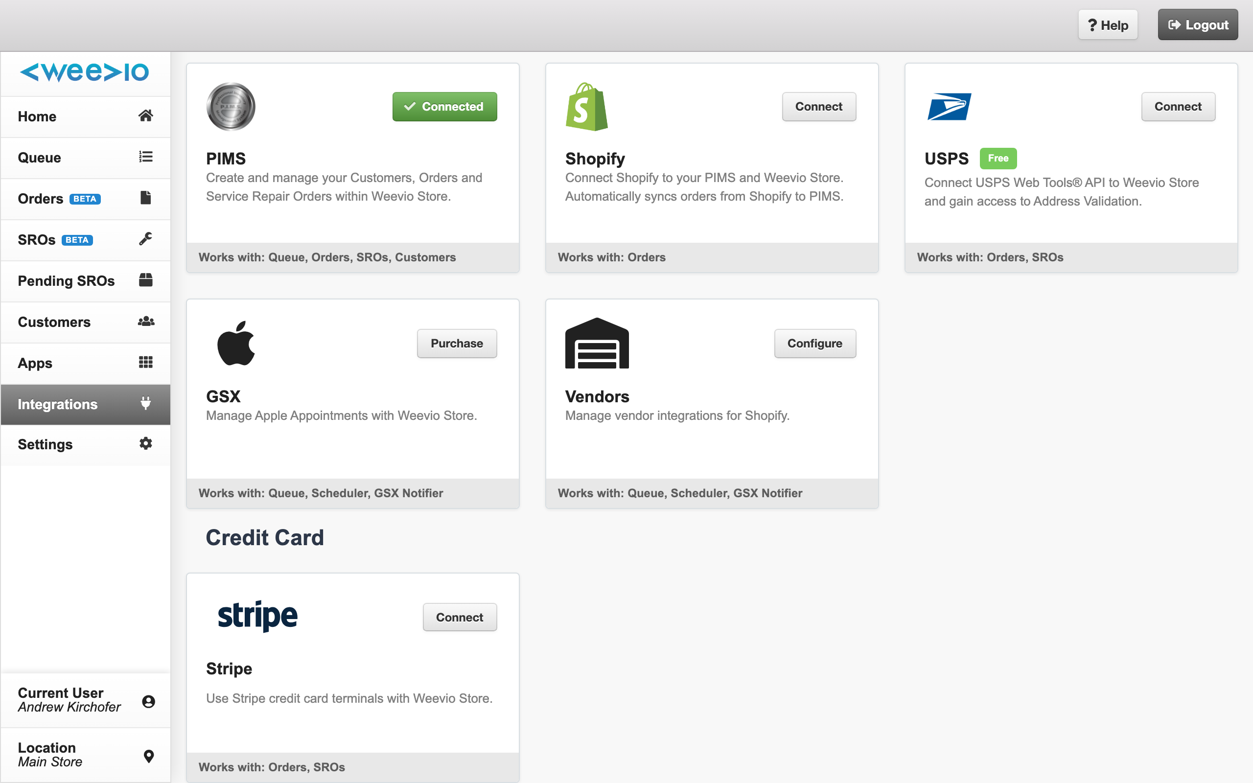the GSX tile on the Integrations hub showing the Apple icon and "Works with: Queue, Scheduler, GSX Notifier" footer