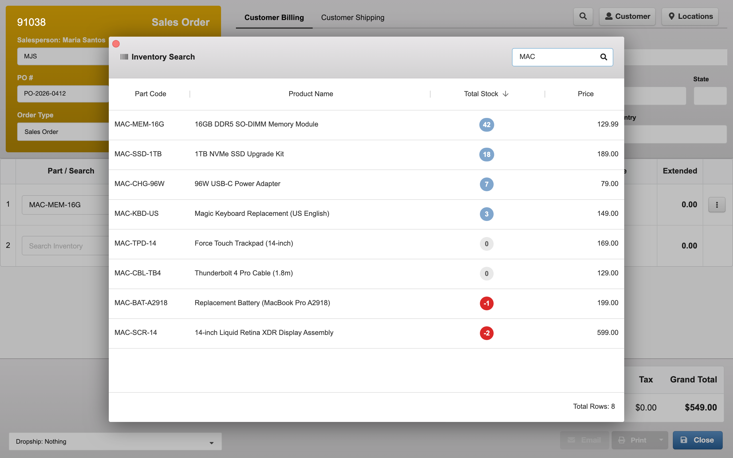 Inventory search modal showing product results with stock indicators