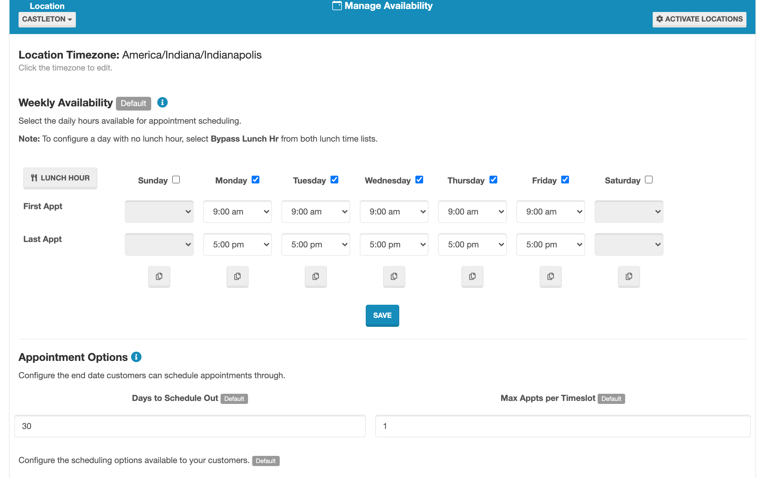 Location appointment scheduler settings panel