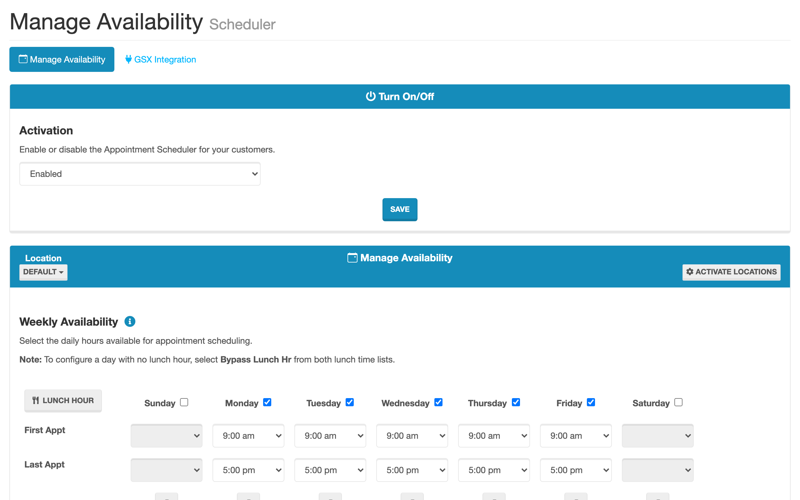 Manage Availability settings panel in the admin interface