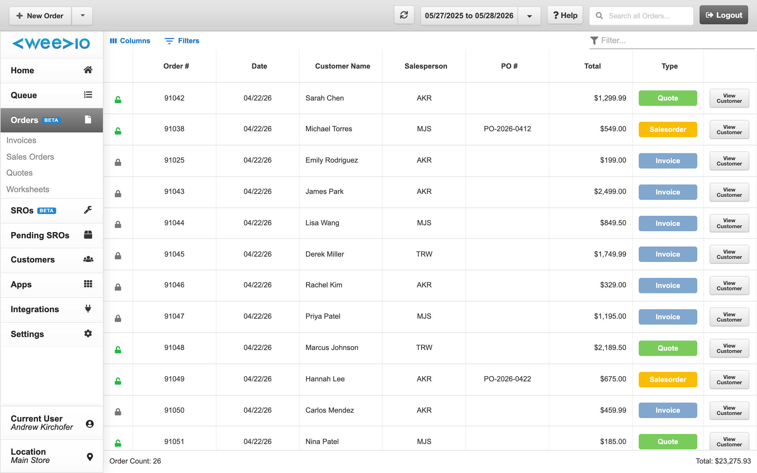 POS order list with the sidebar filters expanded