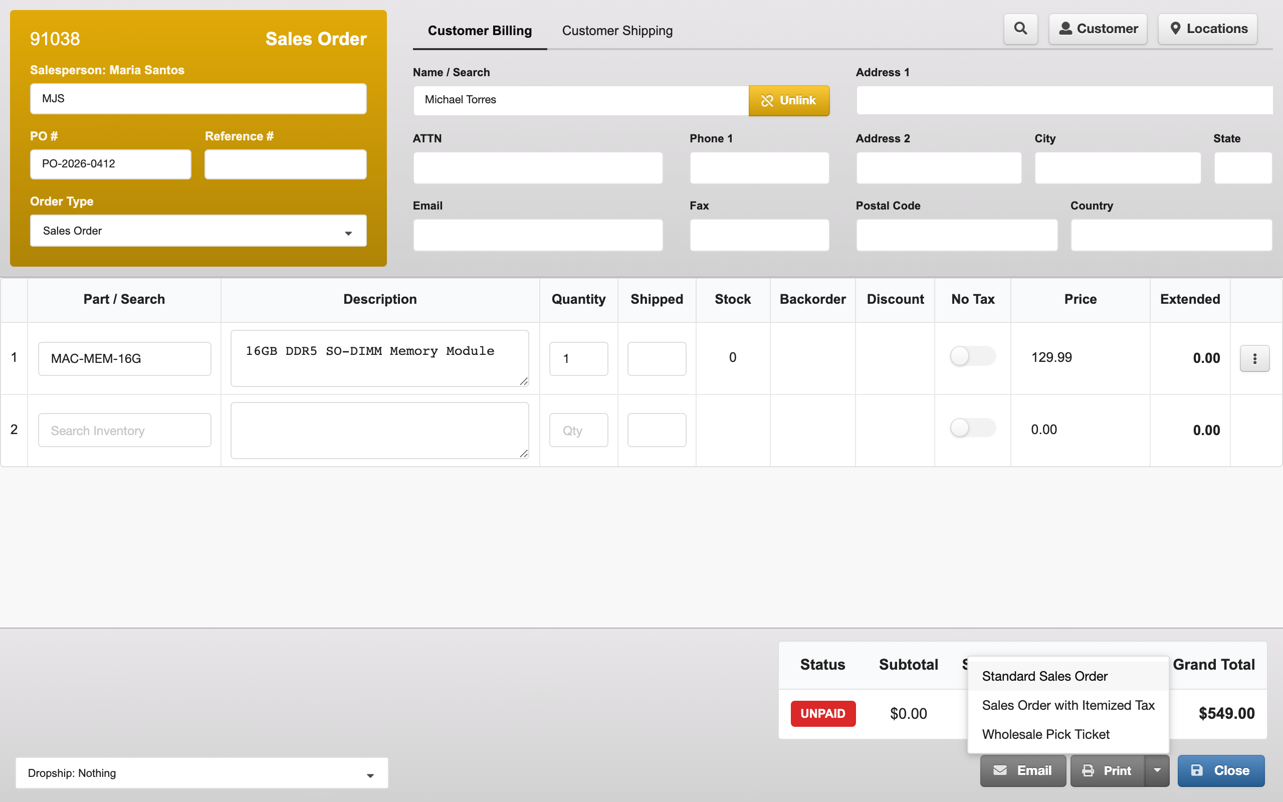 print menu showing the default template and the Forms Designer dropdown