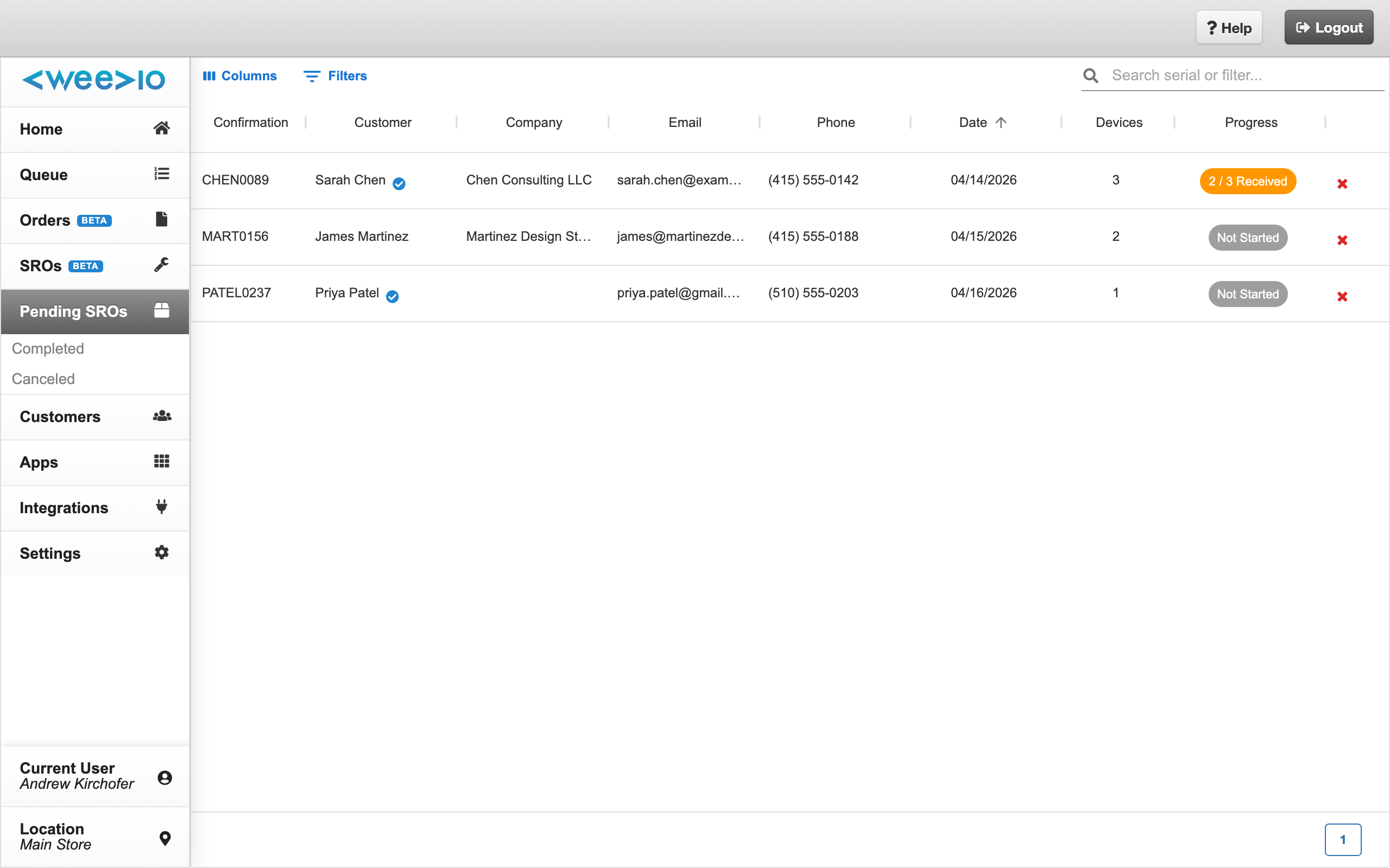 Batch list view showing active batches with progress indicators