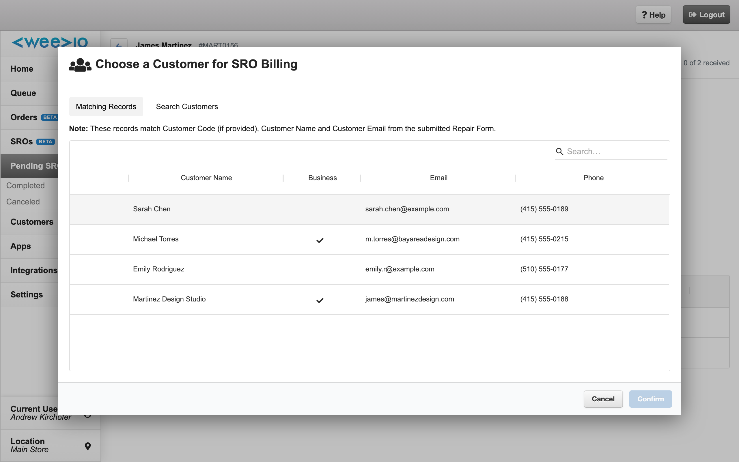 Customer verification modal with matching records tab