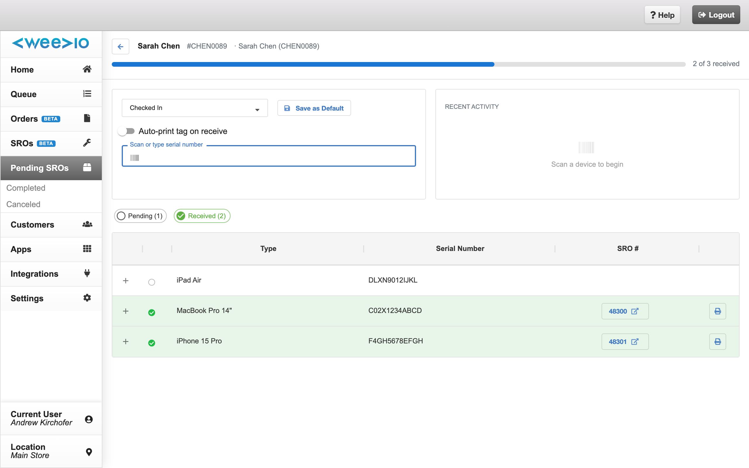Scan-to-receive panel with scan input, status selector, and recent activity feed
