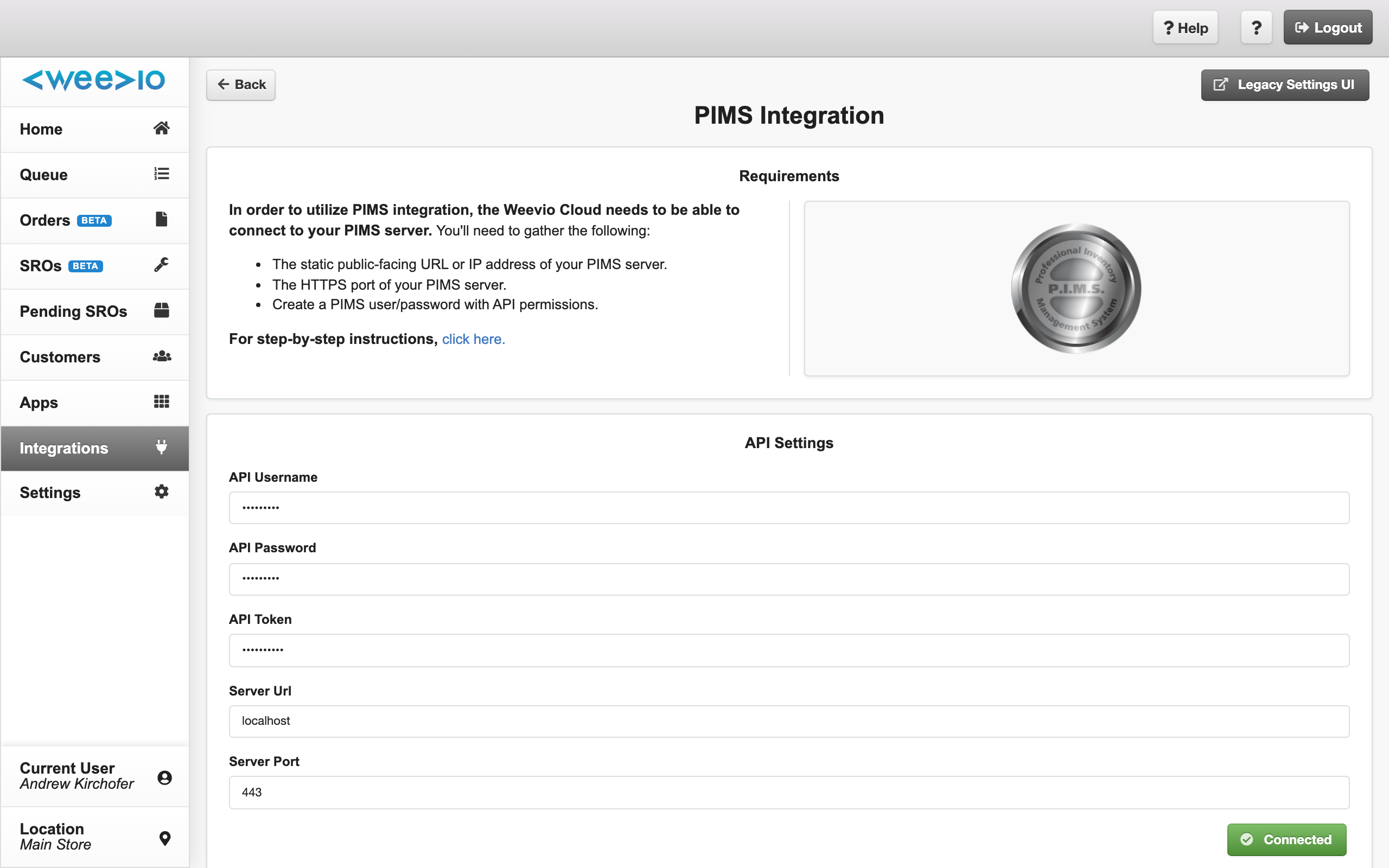 PIMS Settings page showing the connection-status indicator and the credentials form