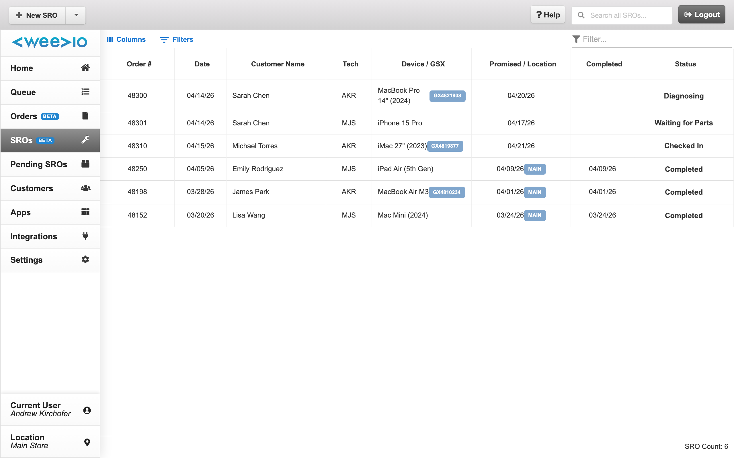 SRO list with status filters and date range selector