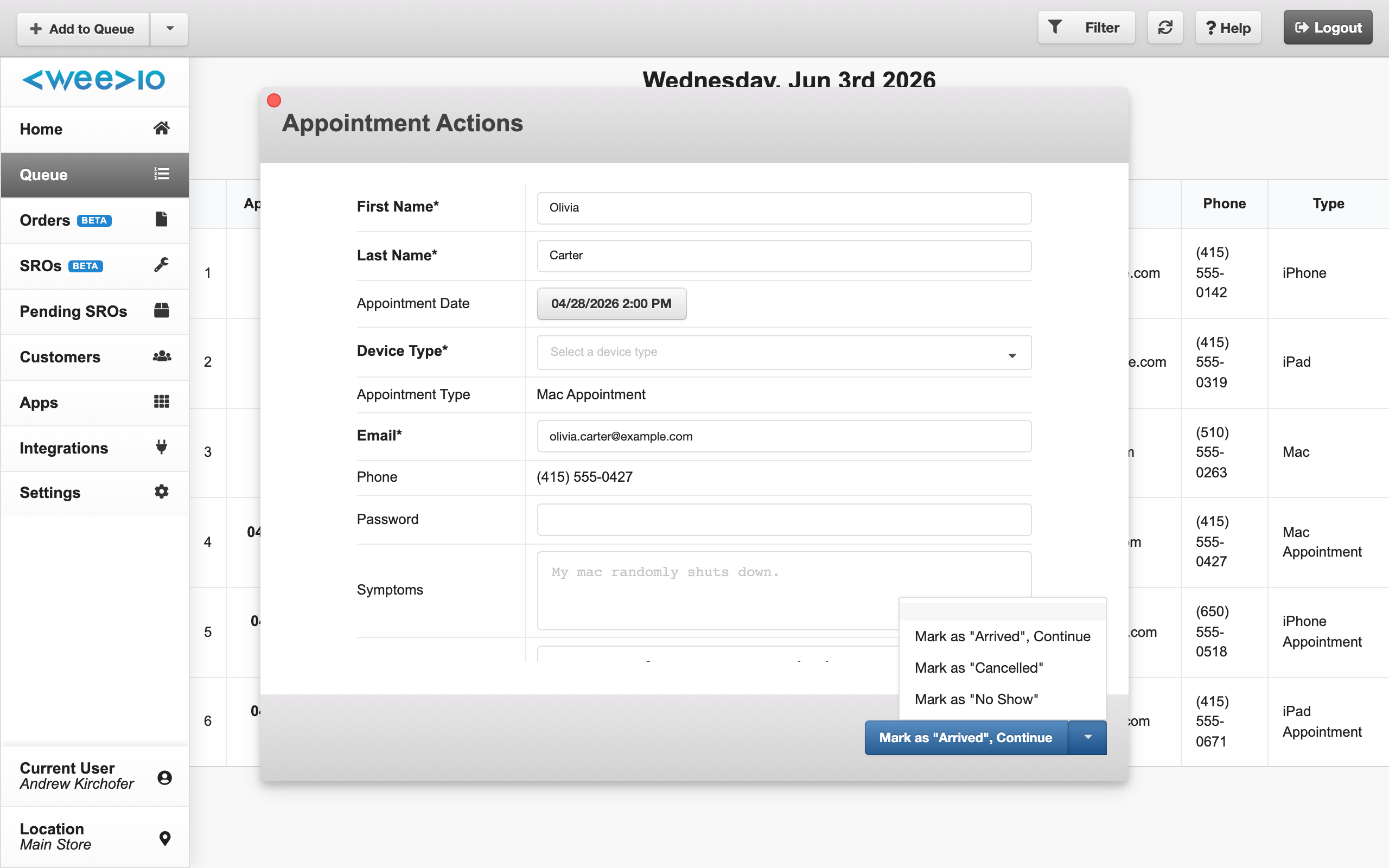 Appointment action buttons showing Arrived, No Show, and Cancel options