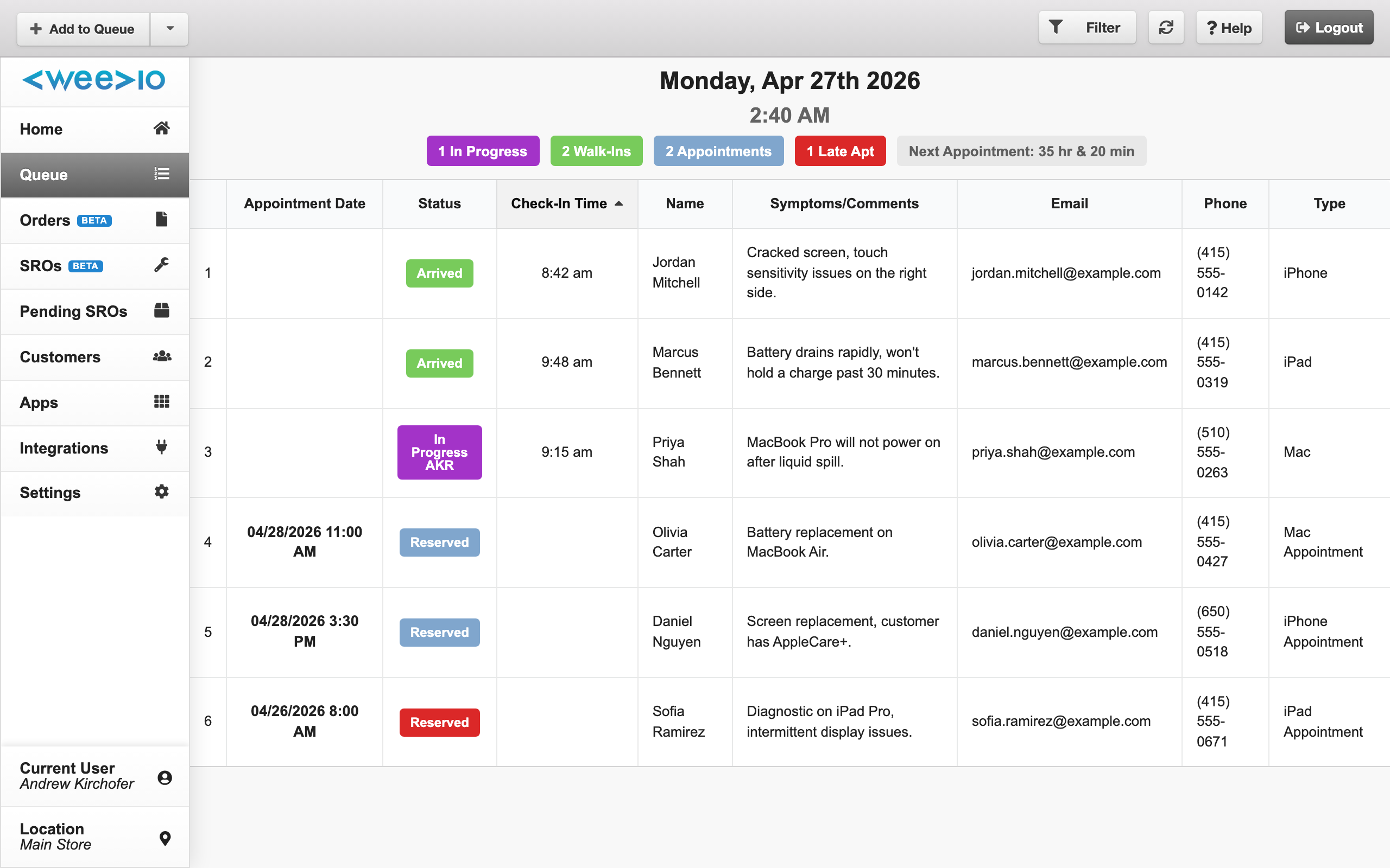 Queue table showing a mix of walk-ins and appointments with different statuses