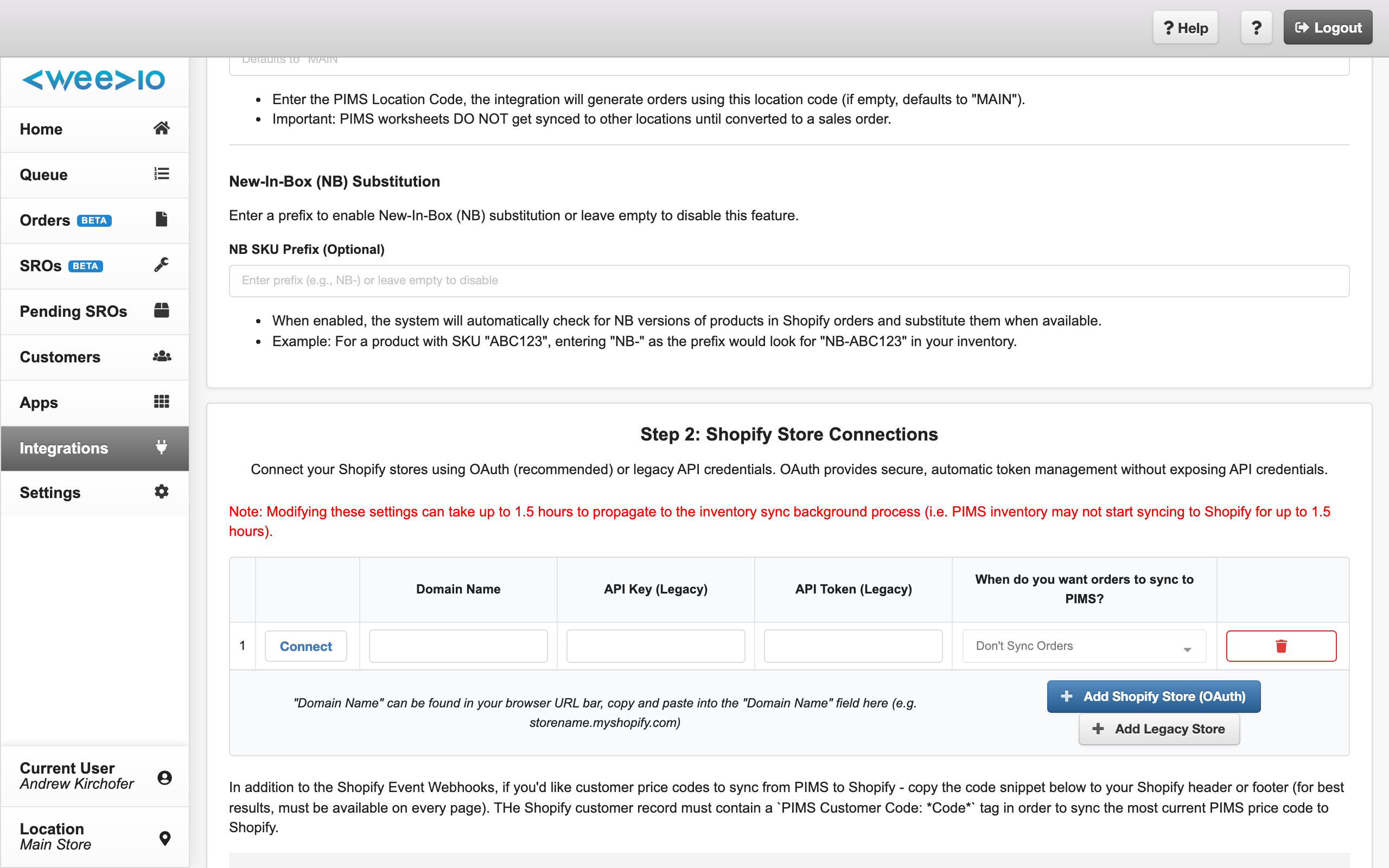 The "Add Shopify Store (OAuth)" button in the Shopify Store Connections section
