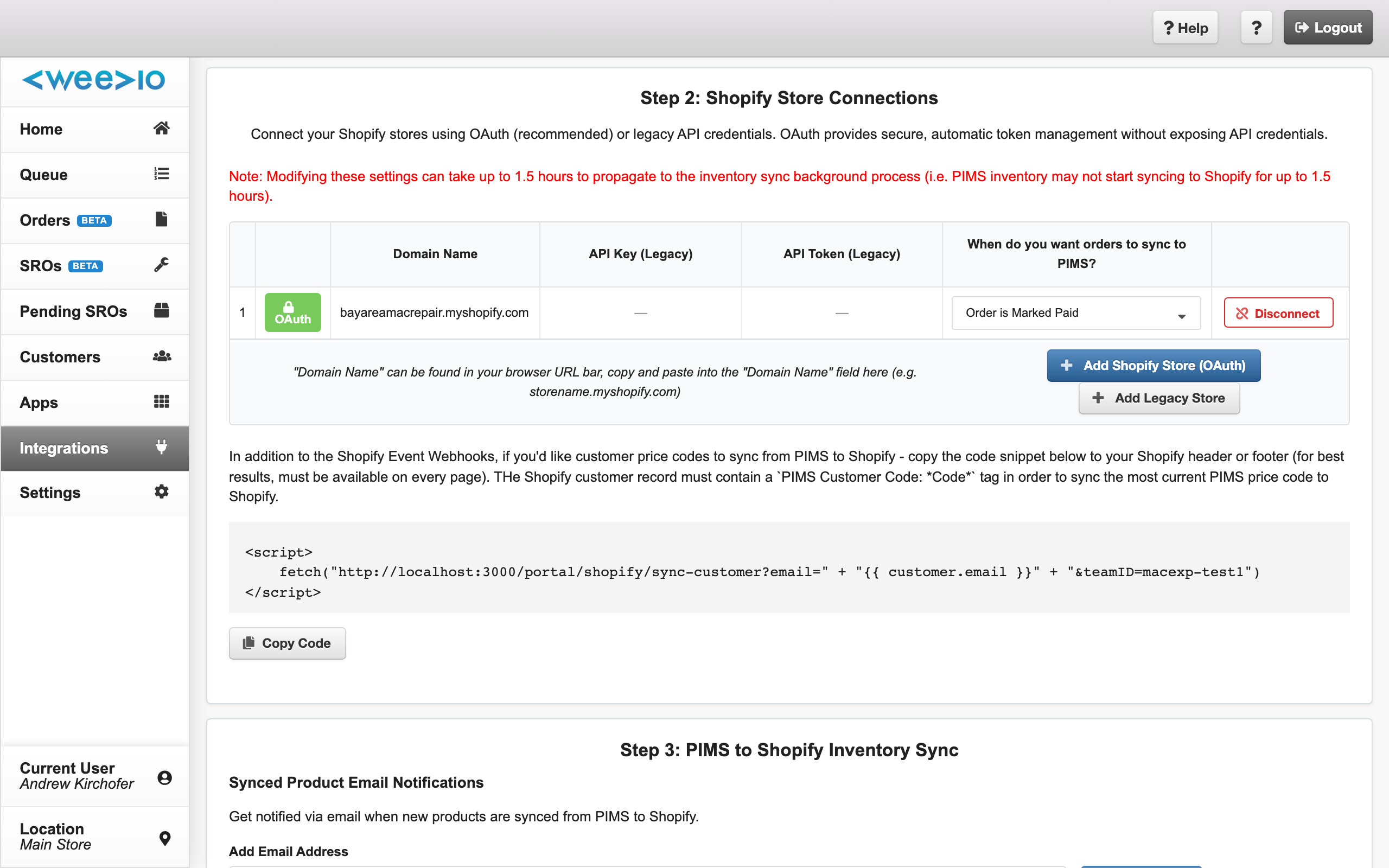 Connected store status showing green OAuth badge