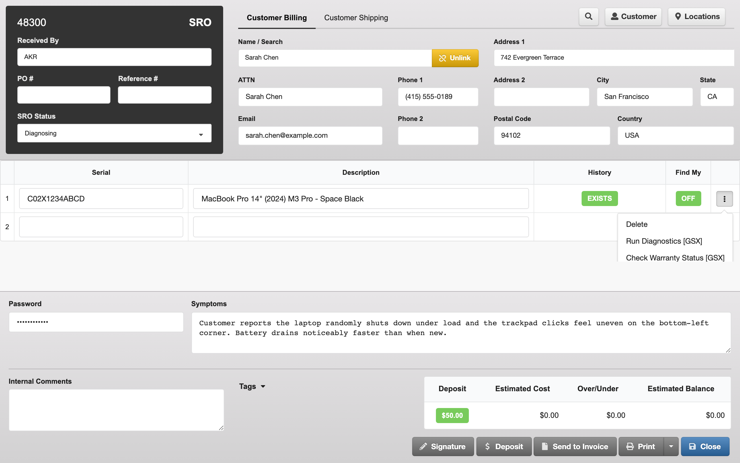 equipment row with serial entered, History EXISTS label, Find My OFF green label, and the action menu open