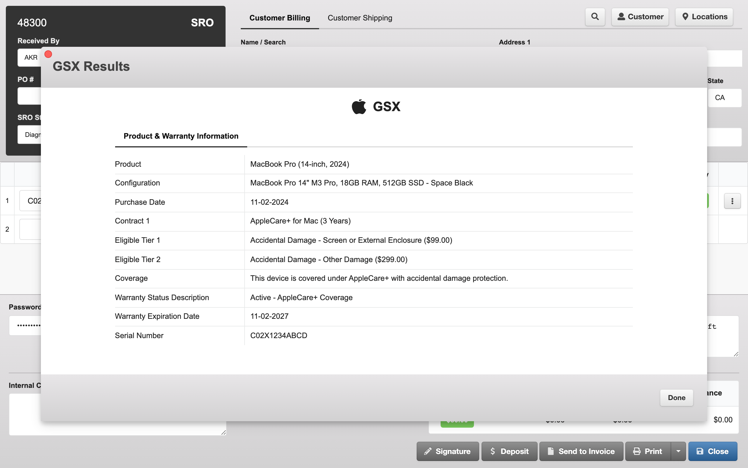 GSX diagnostic results or warranty check modal