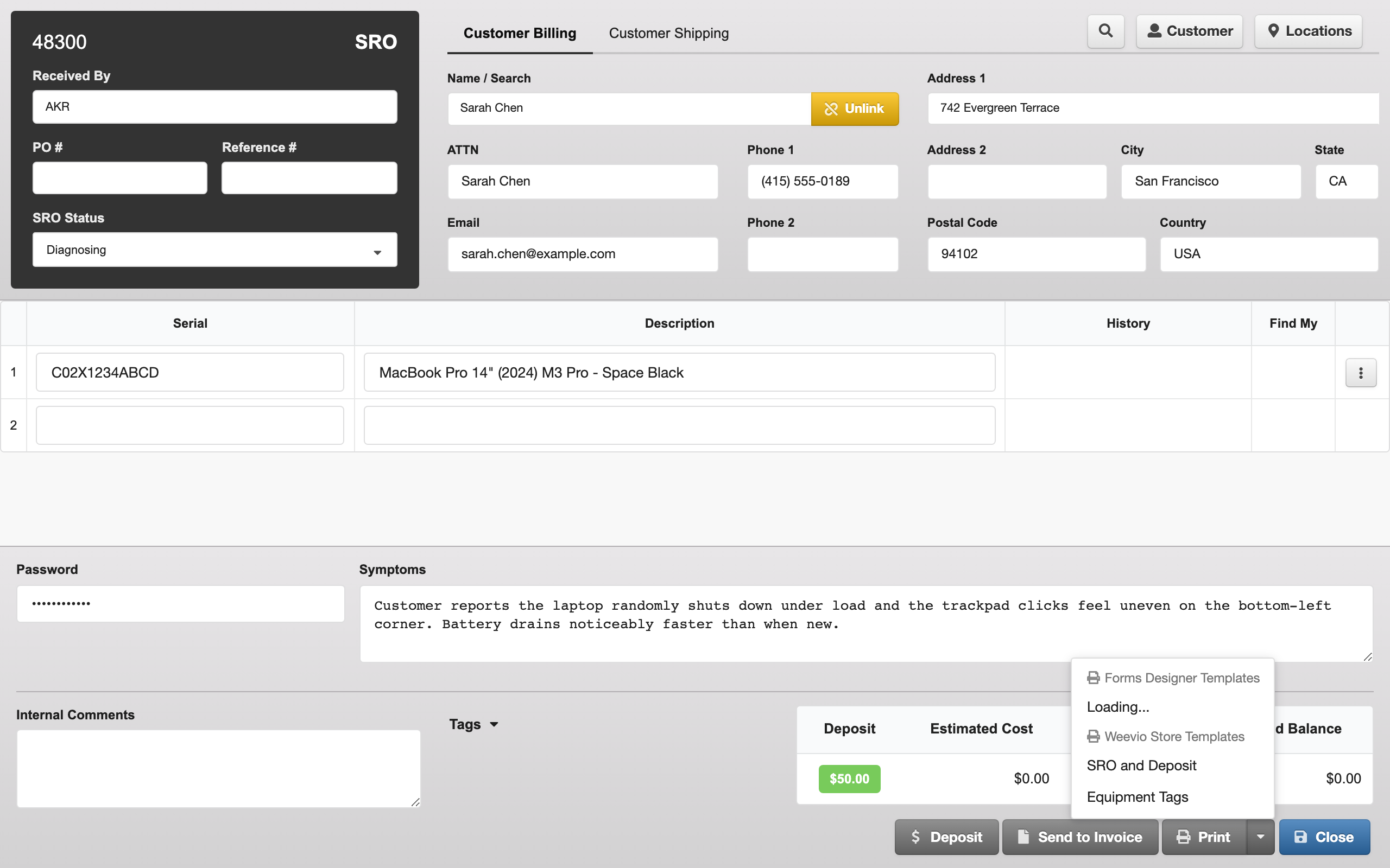 Print dropdown menu showing available print options