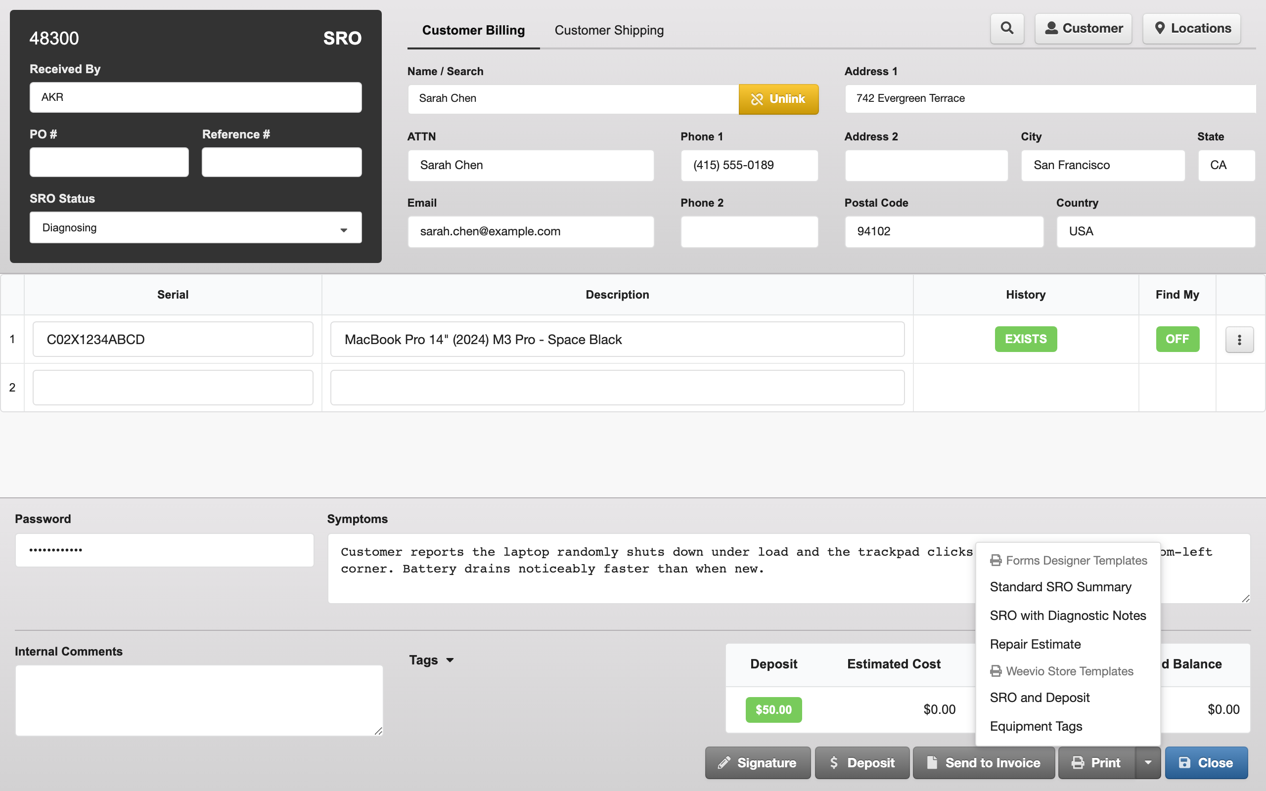 print menu open showing all four template options