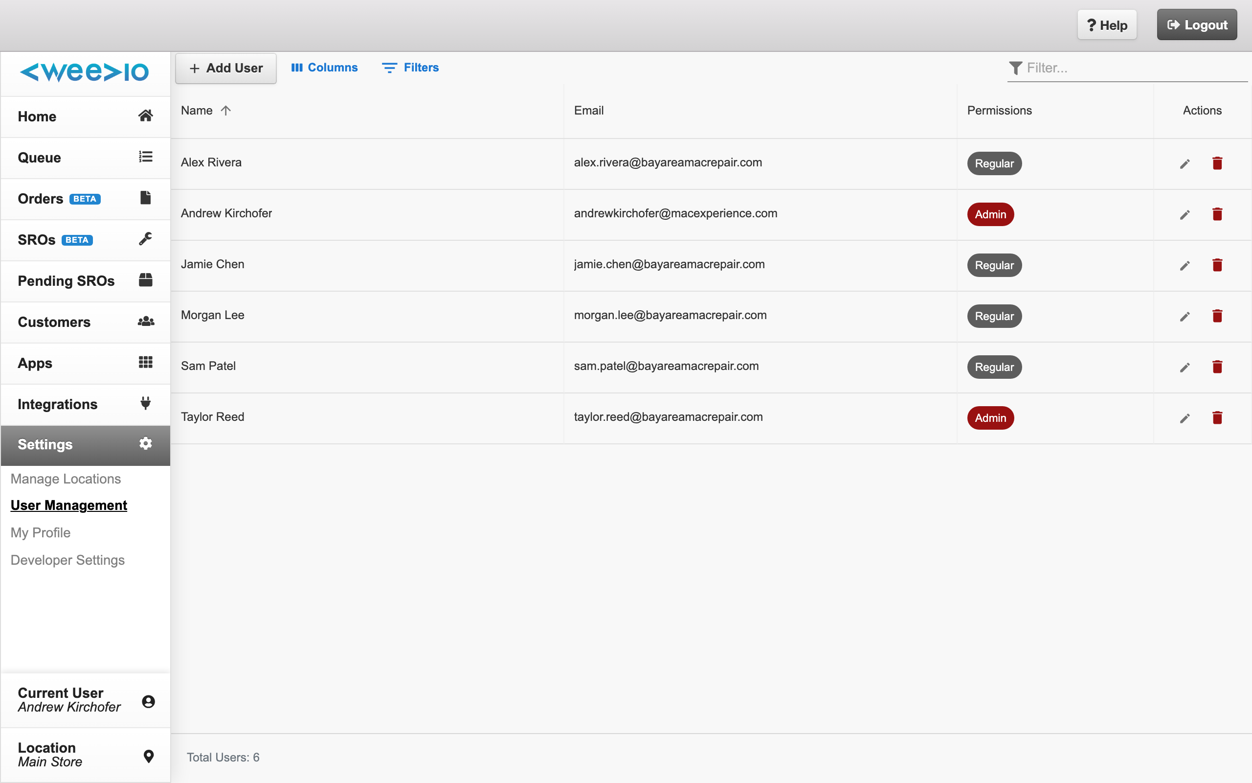 PIMS Client Settings sidebar with User Management highlighted