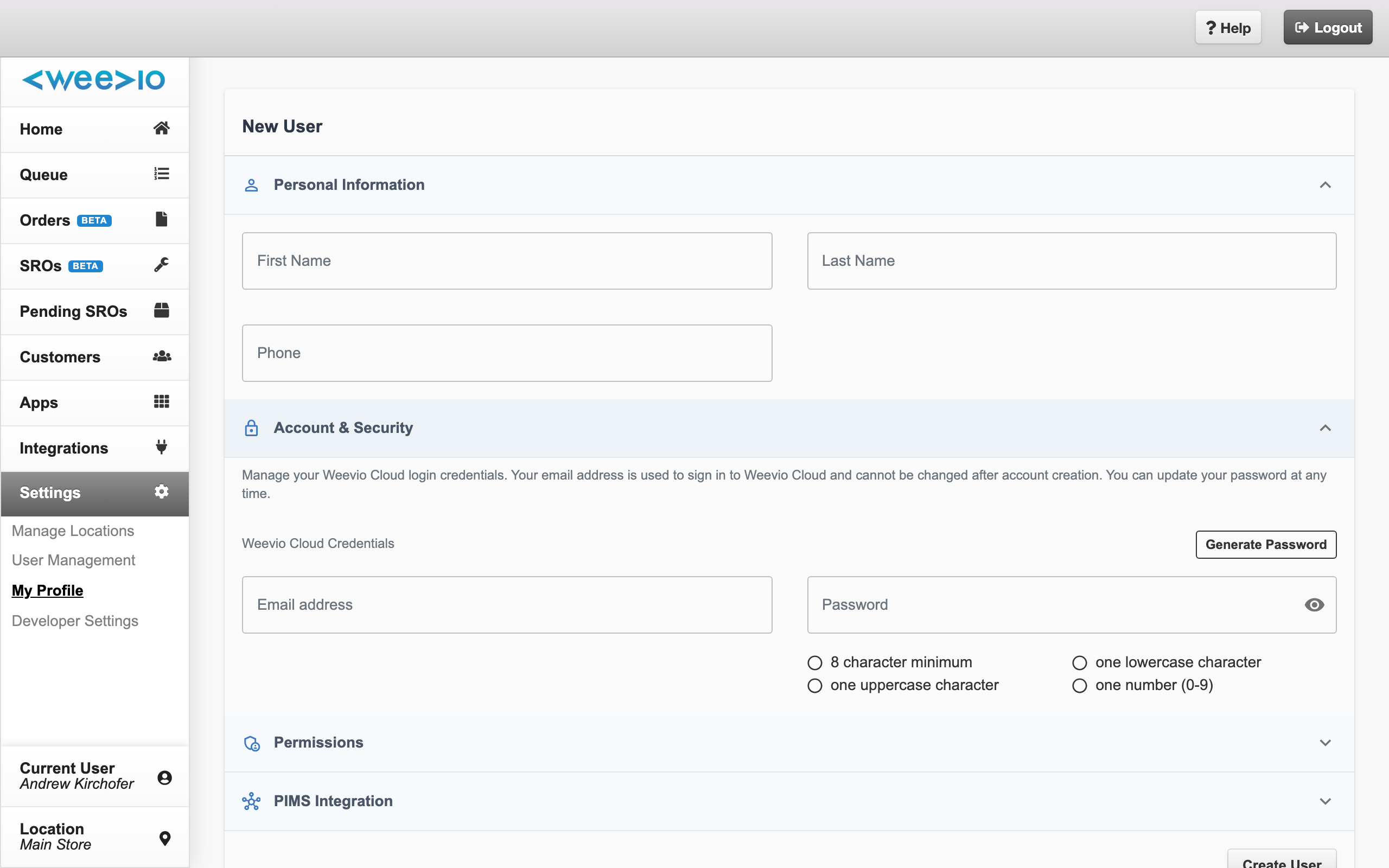 New User profile page with the Personal Information and Account & Security sections expanded